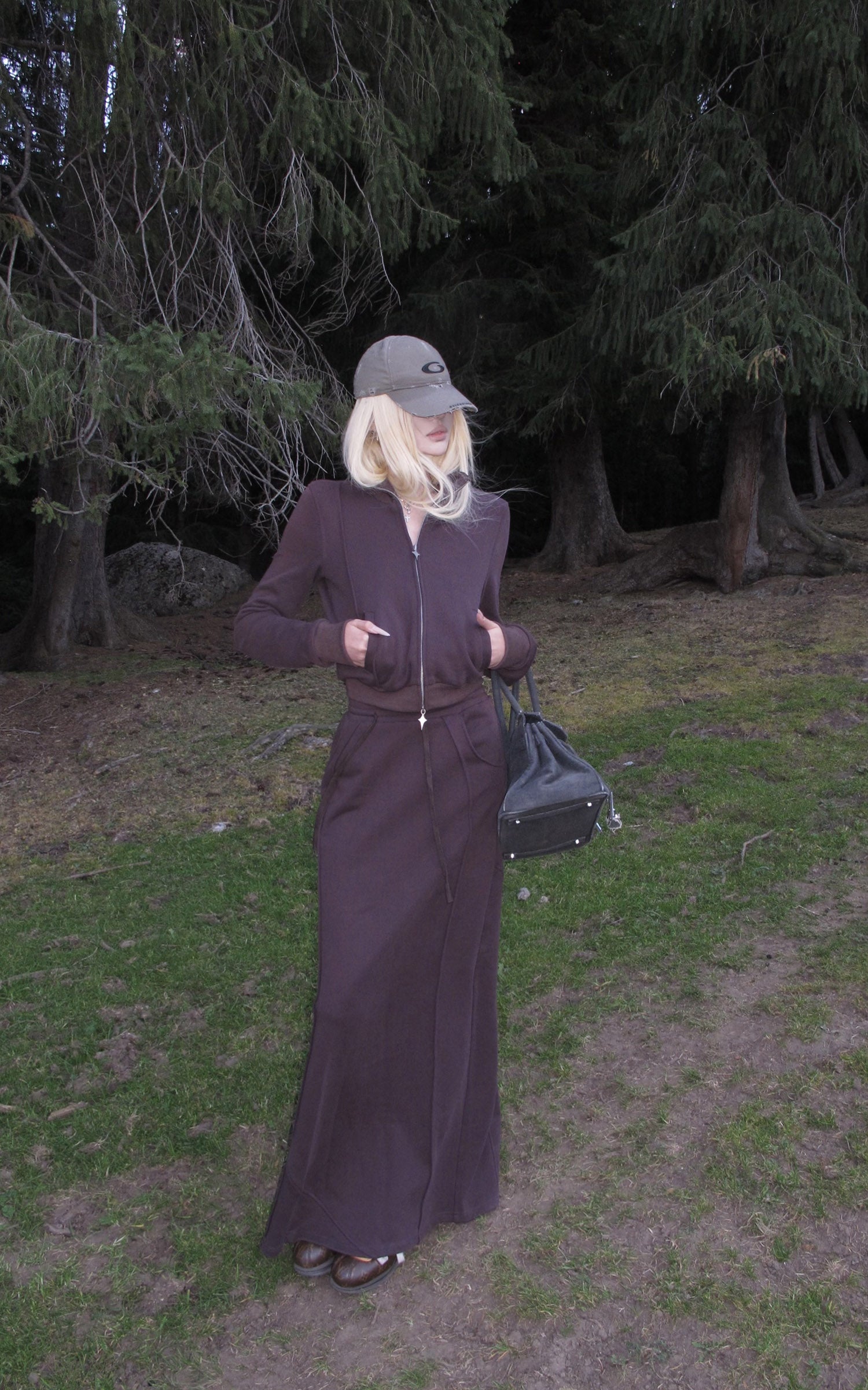 Rase le sol ジップカラー スウェットジャケットとパネルマキシスカートセット