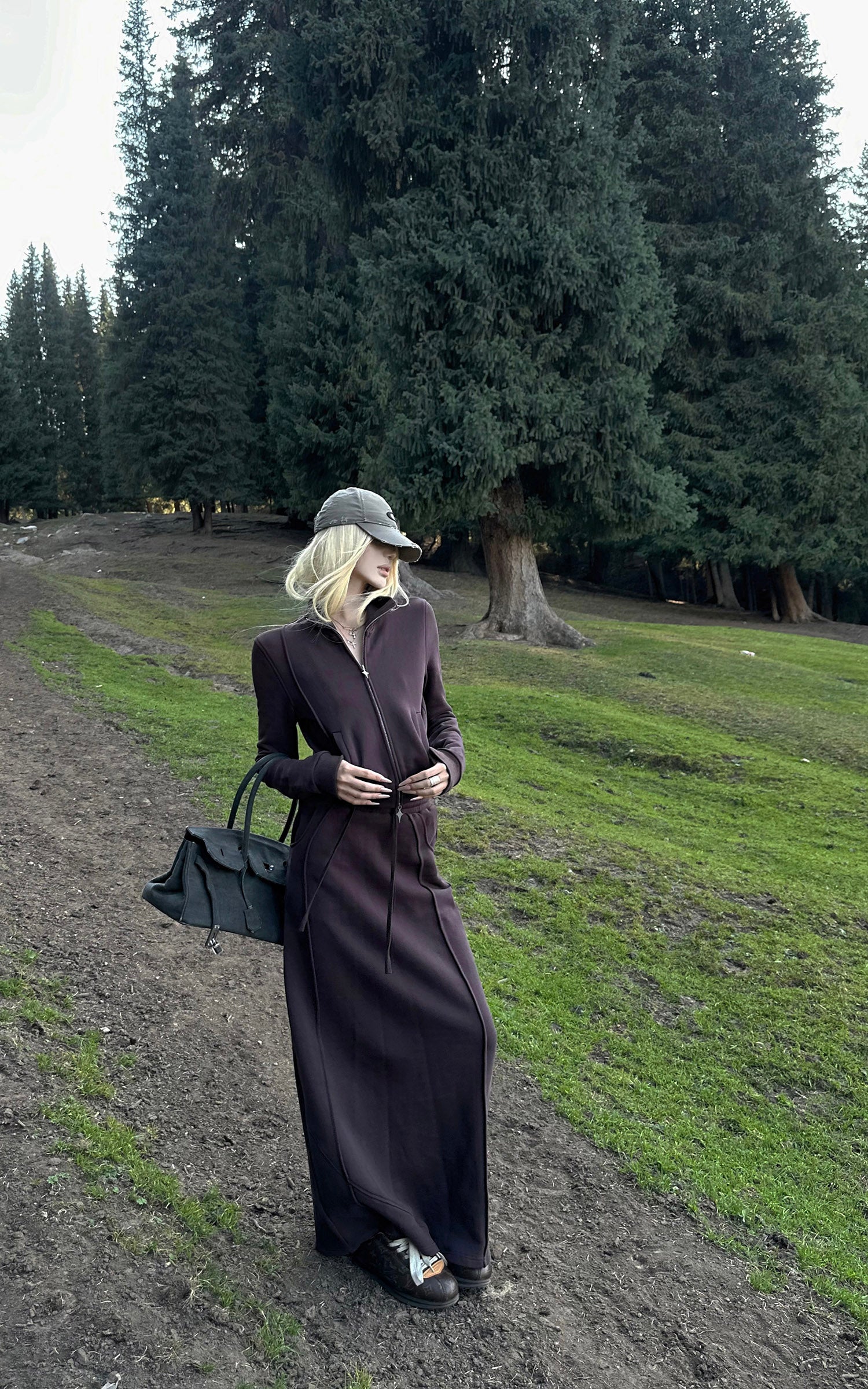 Rase le sol ジップカラー スウェットジャケットとパネルマキシスカートセット