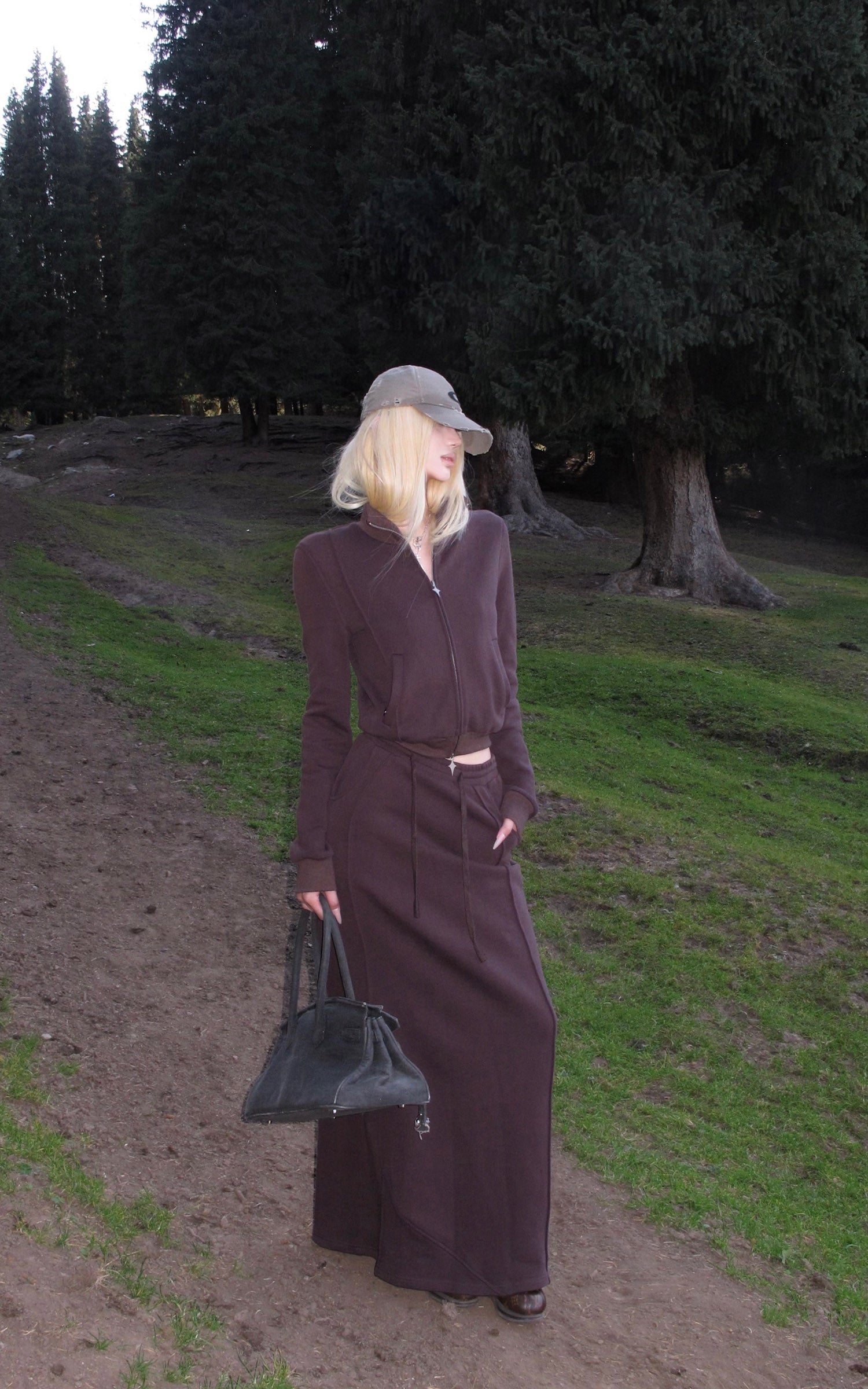 Rase le sol ジップカラー スウェットジャケットとパネルマキシスカートセット