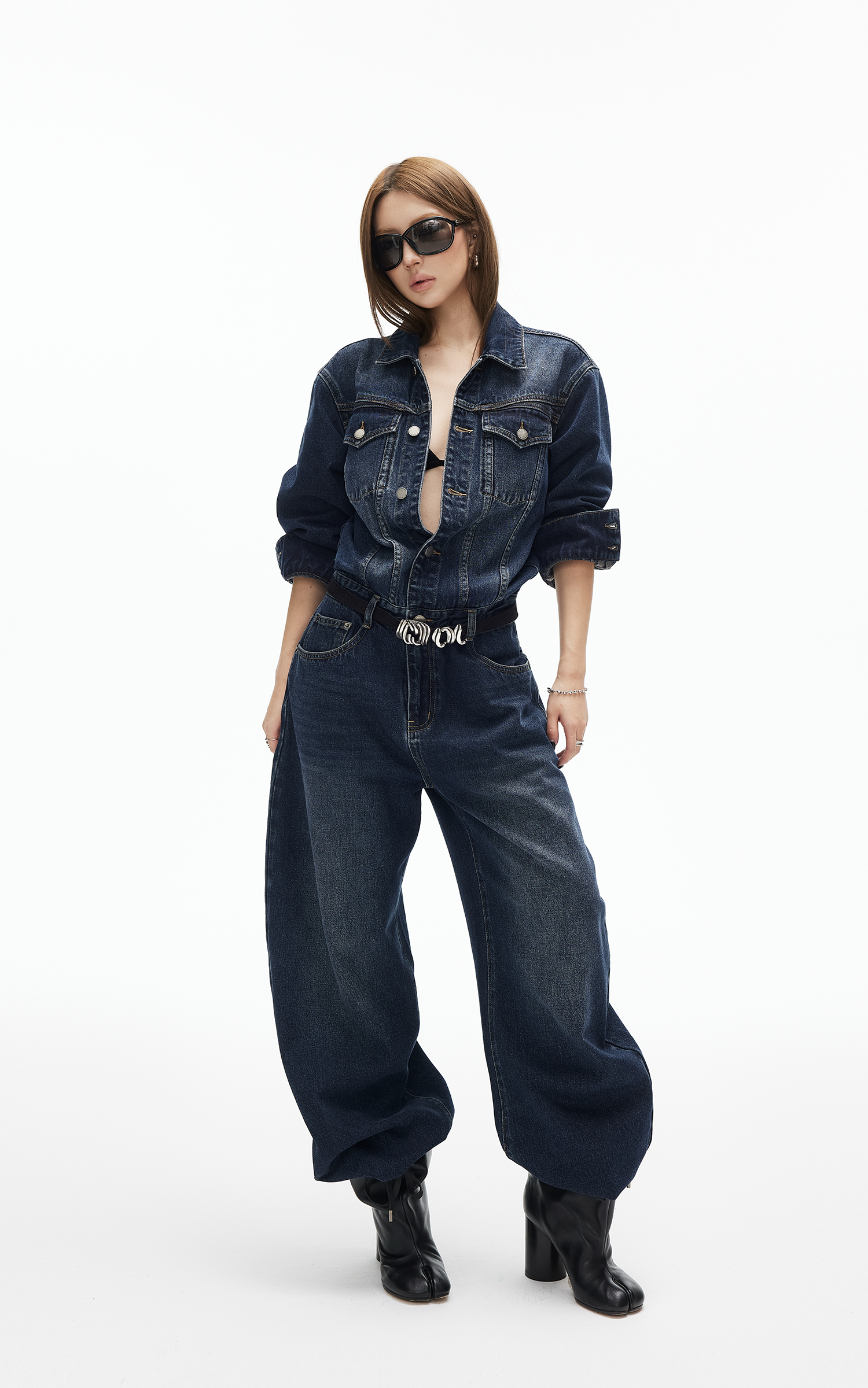 IAMXIAA ダークウォッシュデニムジャンプスーツ ヴィンテージユーティリティスタイル
