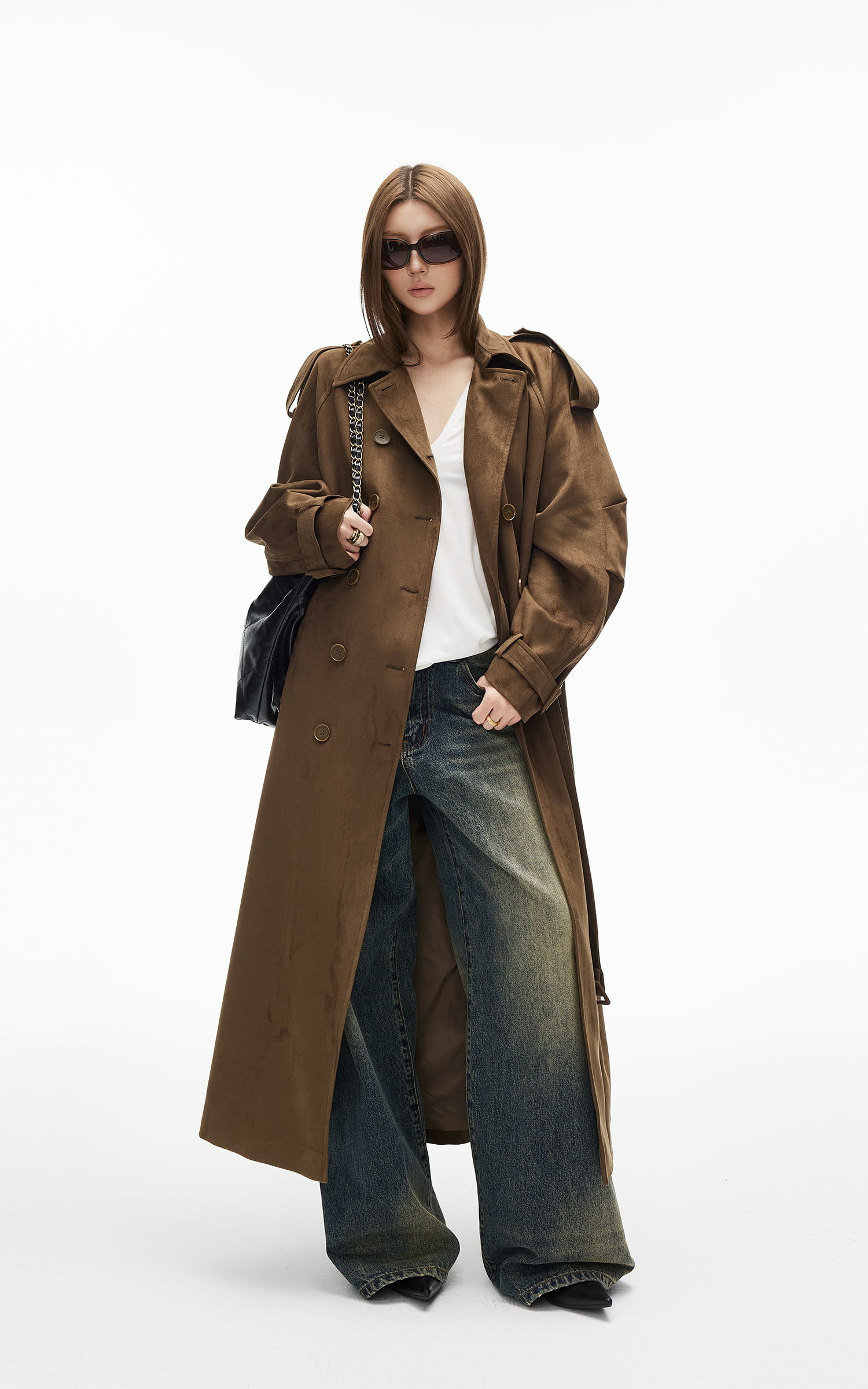 IAMXIAA フェイクスエード ロングトレンチコート ダブルブレストデザイン