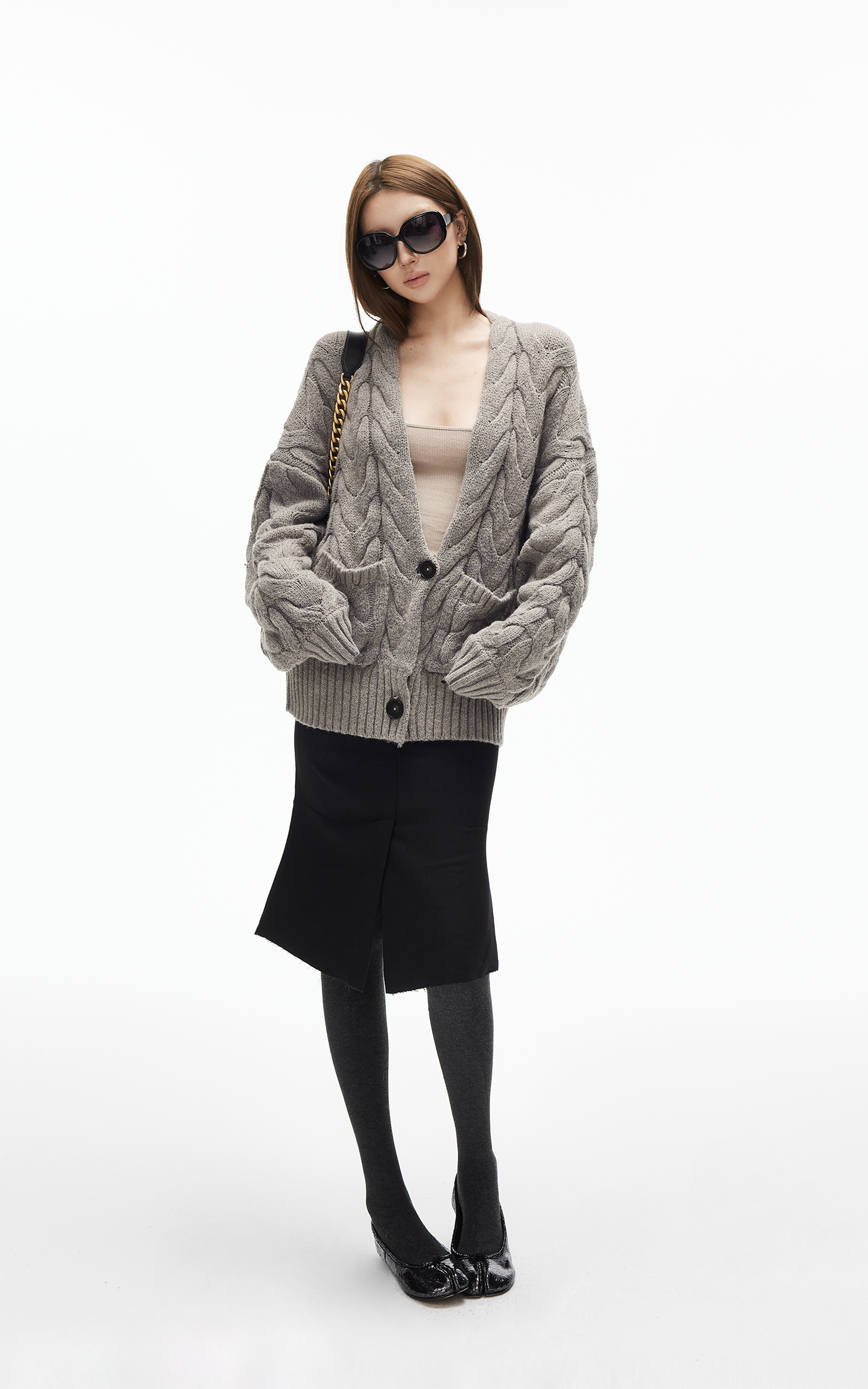 IAMXIAA ケーブルニットボタンカーディガン リラックスフィット