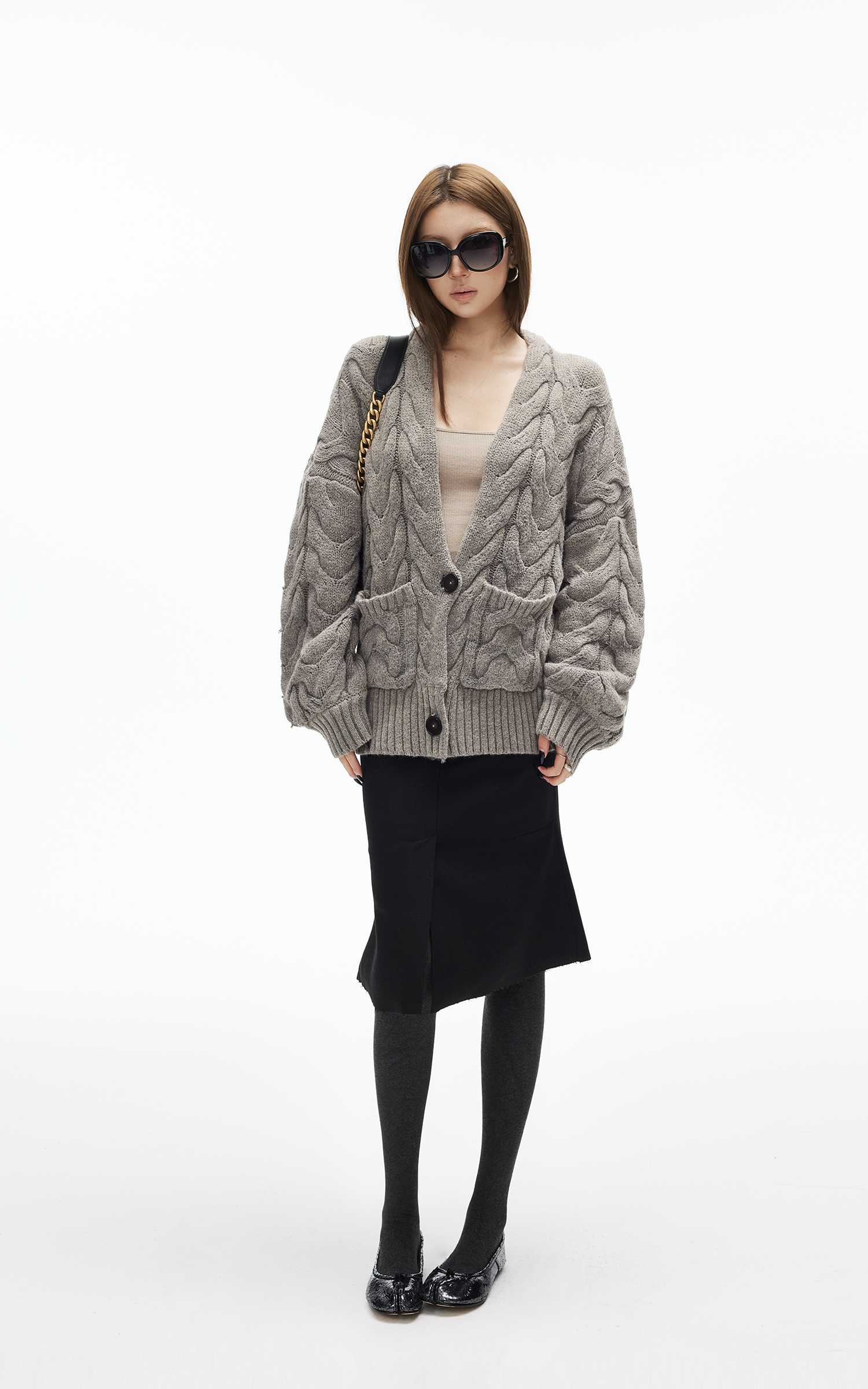 IAMXIAA ケーブルニットボタンカーディガン リラックスフィット