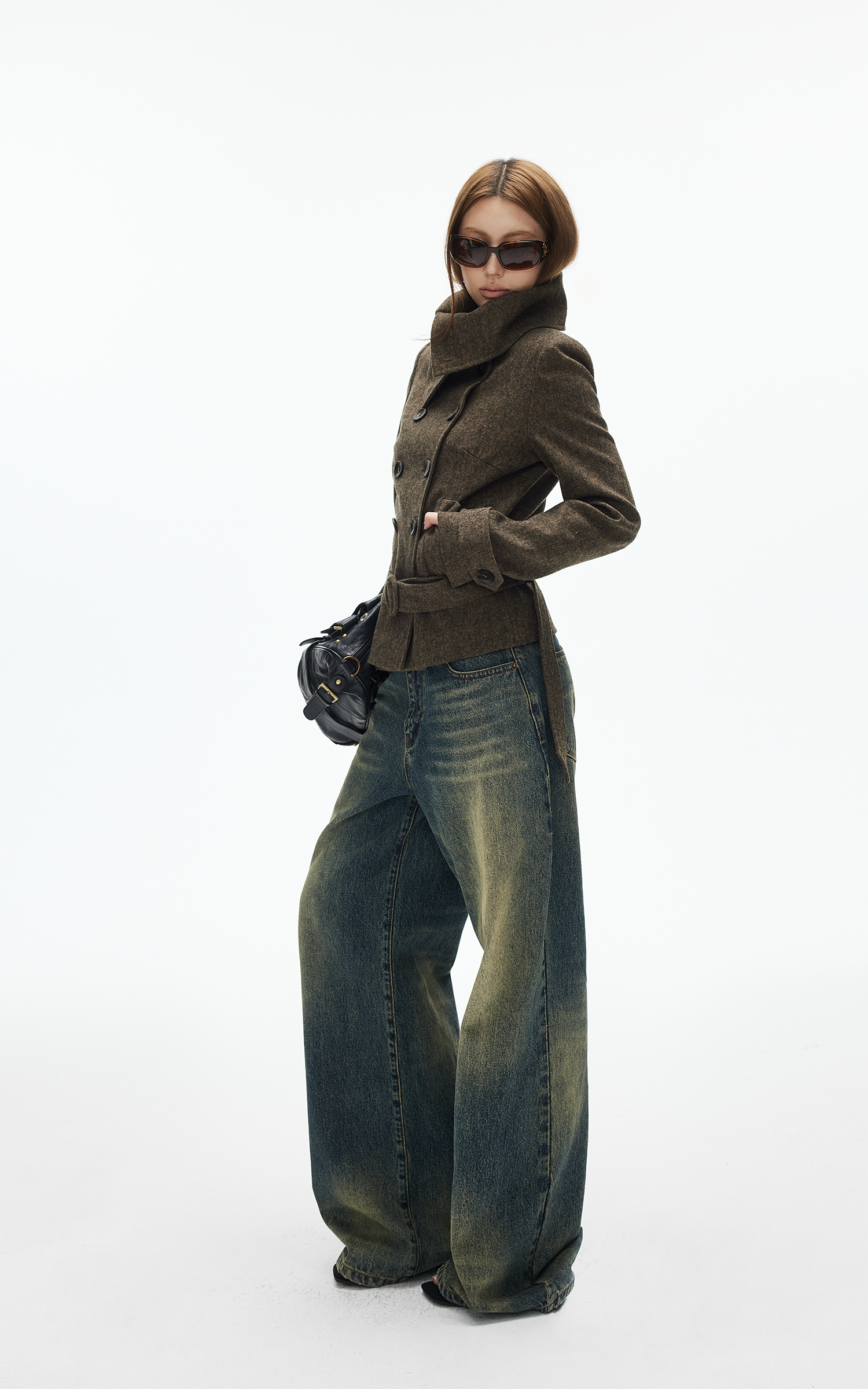 IAMXIAA Wool-Like High Neck Belted Double-Breasted Jacket