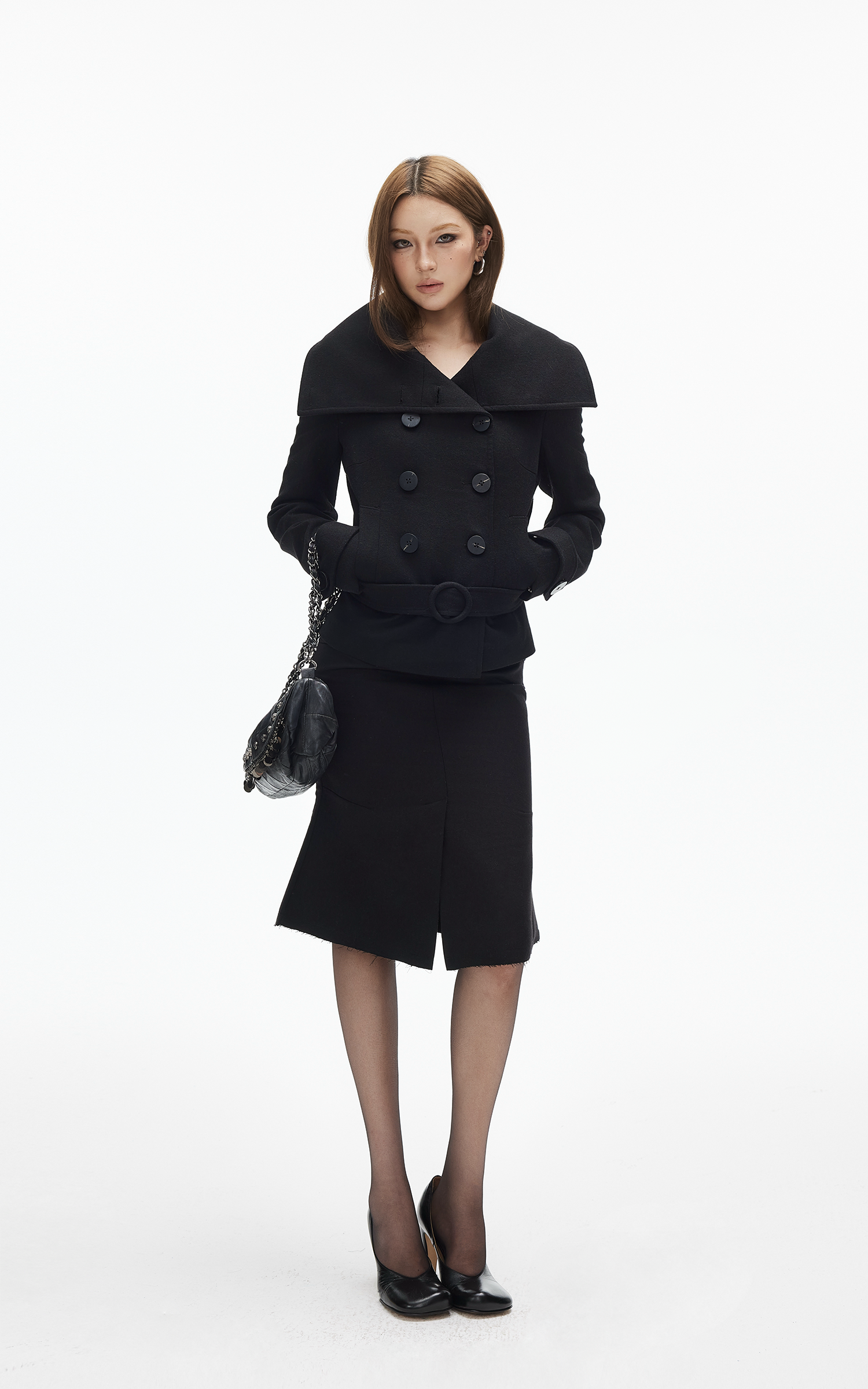 IAMXIAA Wool-Like High Neck Belted Double-Breasted Jacket