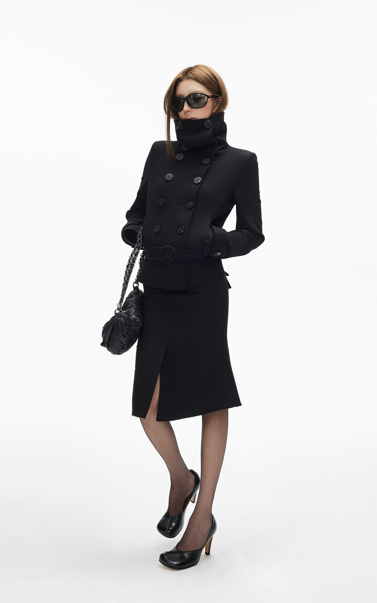 IAMXIAA ウール風ハイウエストマーメイドミディスカート・切りっぱなし裾