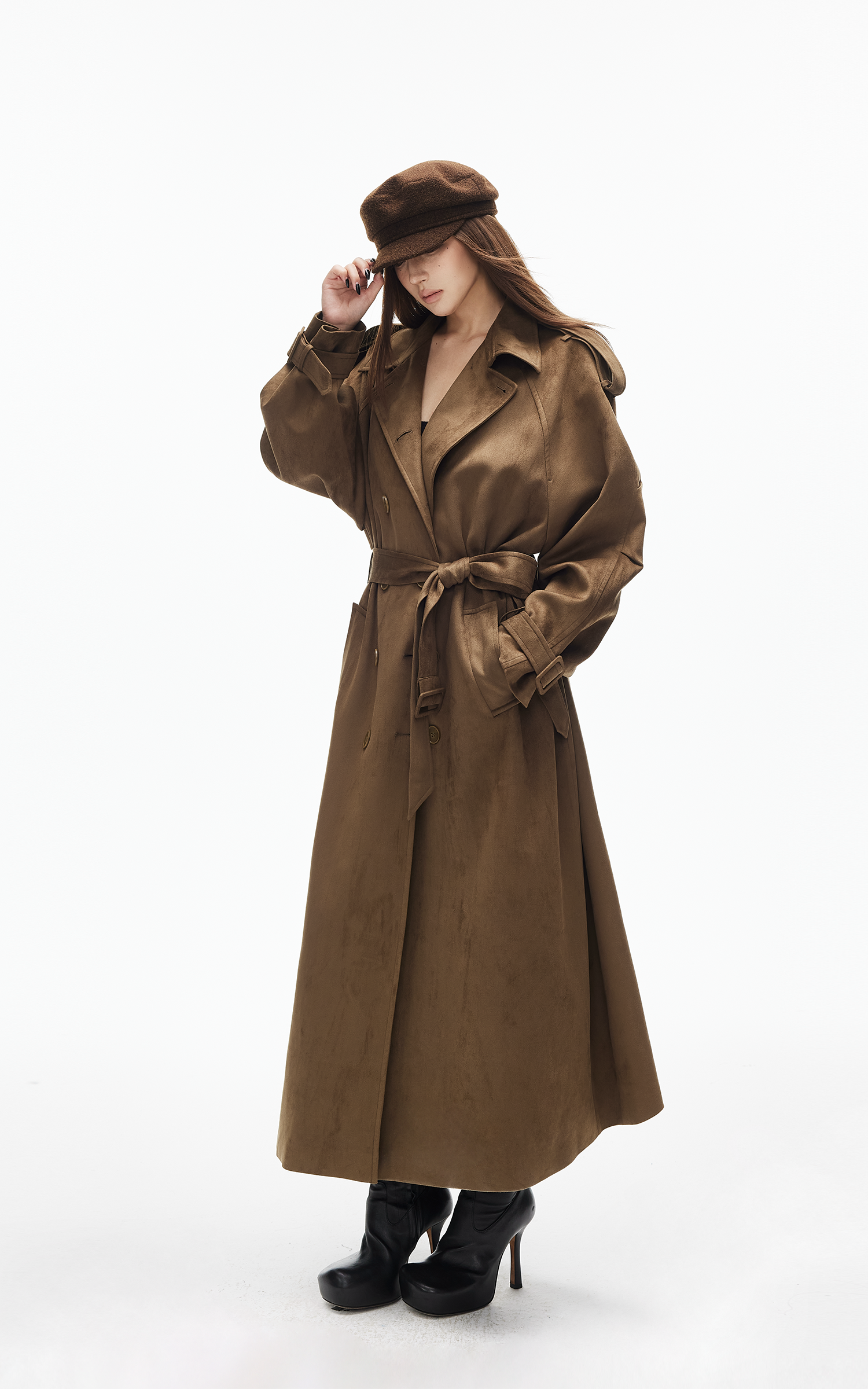 IAMXIAA フェイクスエード ロングトレンチコート ダブルブレストデザイン