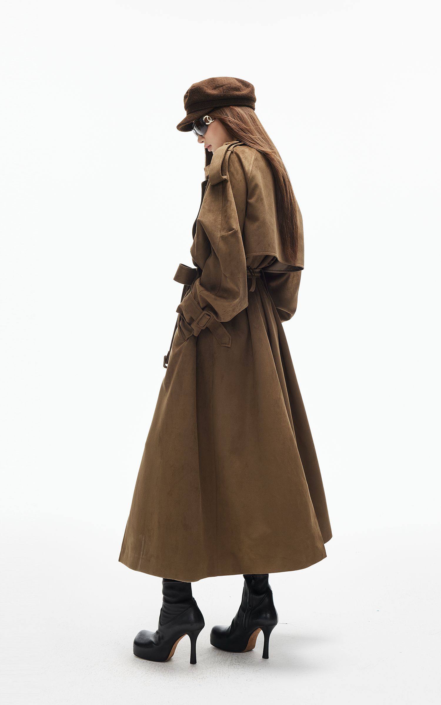 IAMXIAA フェイクスエード ロングトレンチコート ダブルブレストデザイン