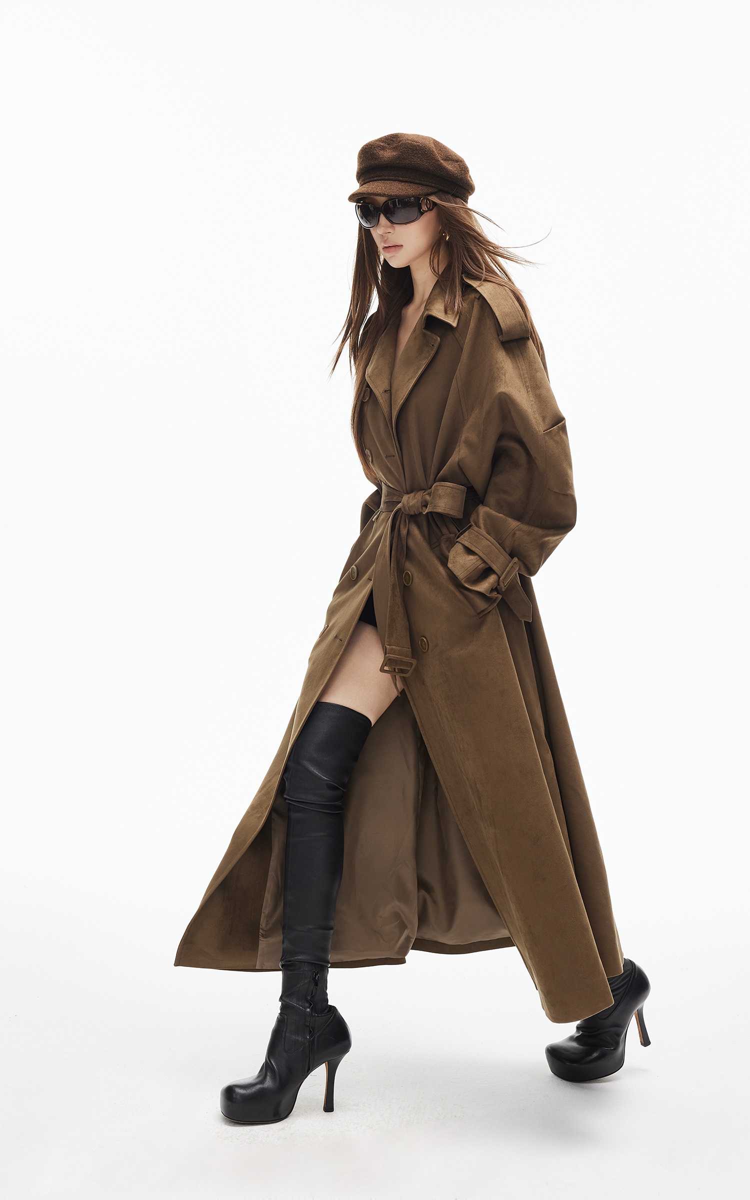 IAMXIAA フェイクスエード ロングトレンチコート ダブルブレストデザイン