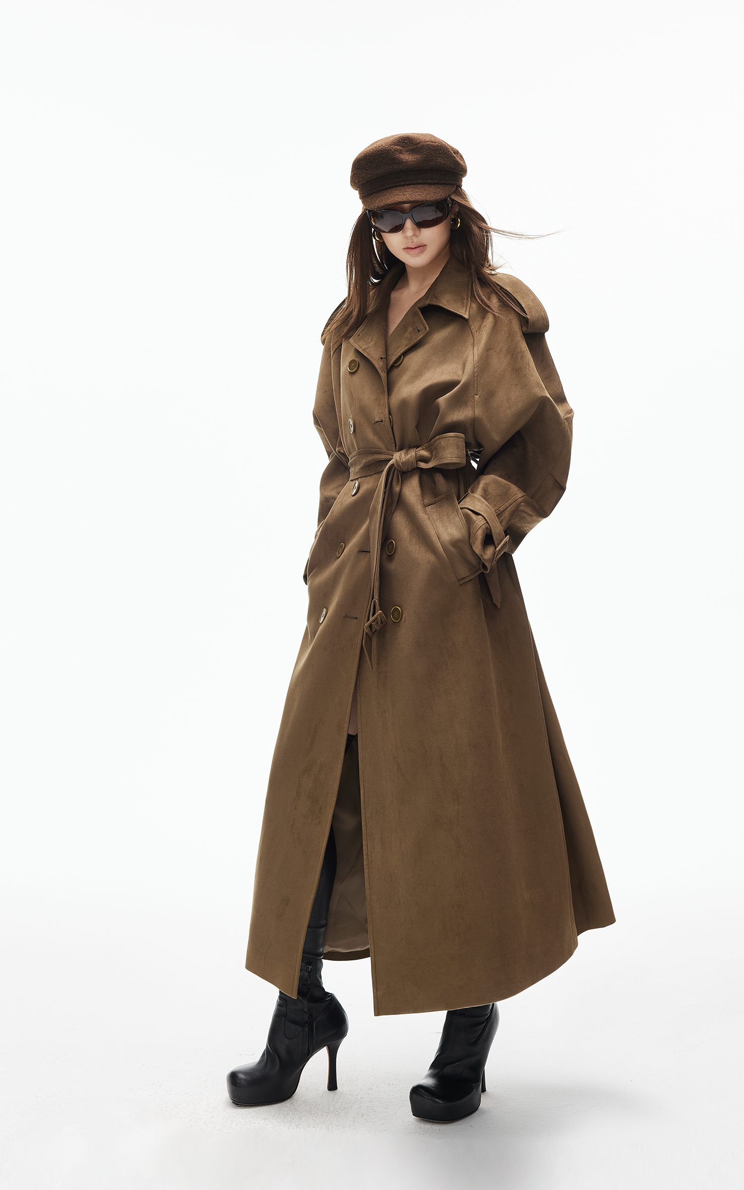 IAMXIAA フェイクスエード ロングトレンチコート ダブルブレストデザイン