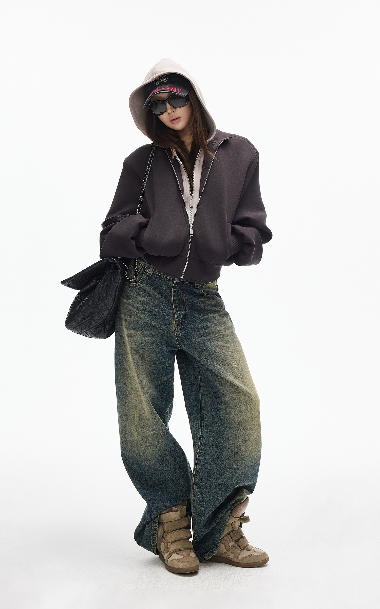 IAMXIAA ヴィンテージウォッシュ ワイドレッグデニムジーンズ