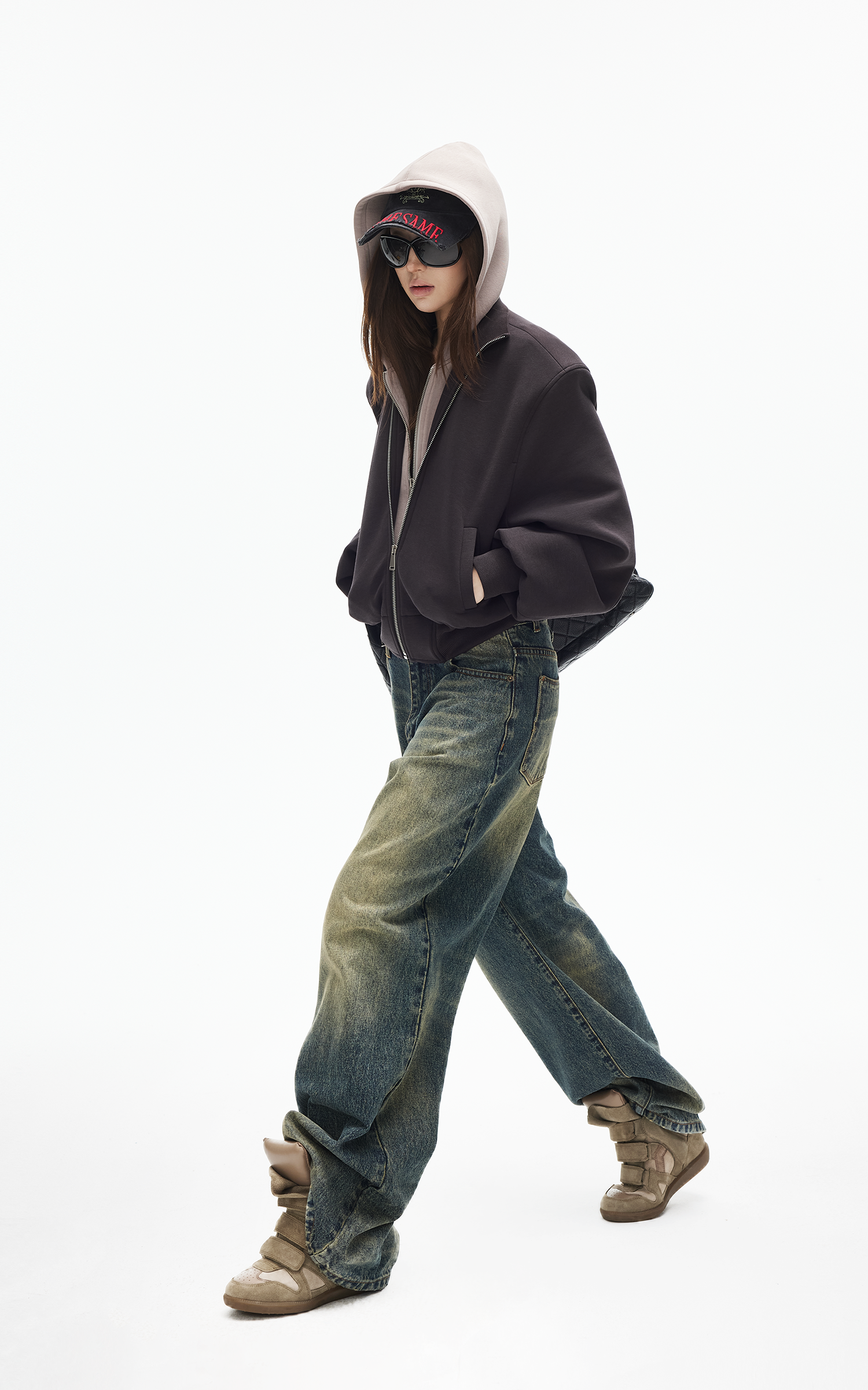 IAMXIAA ヴィンテージウォッシュ ワイドレッグデニムジーンズ