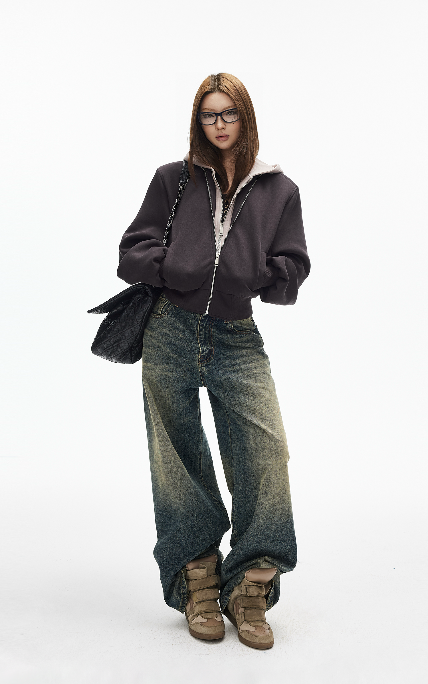 IAMXIAA ヴィンテージウォッシュ ワイドレッグデニムジーンズ