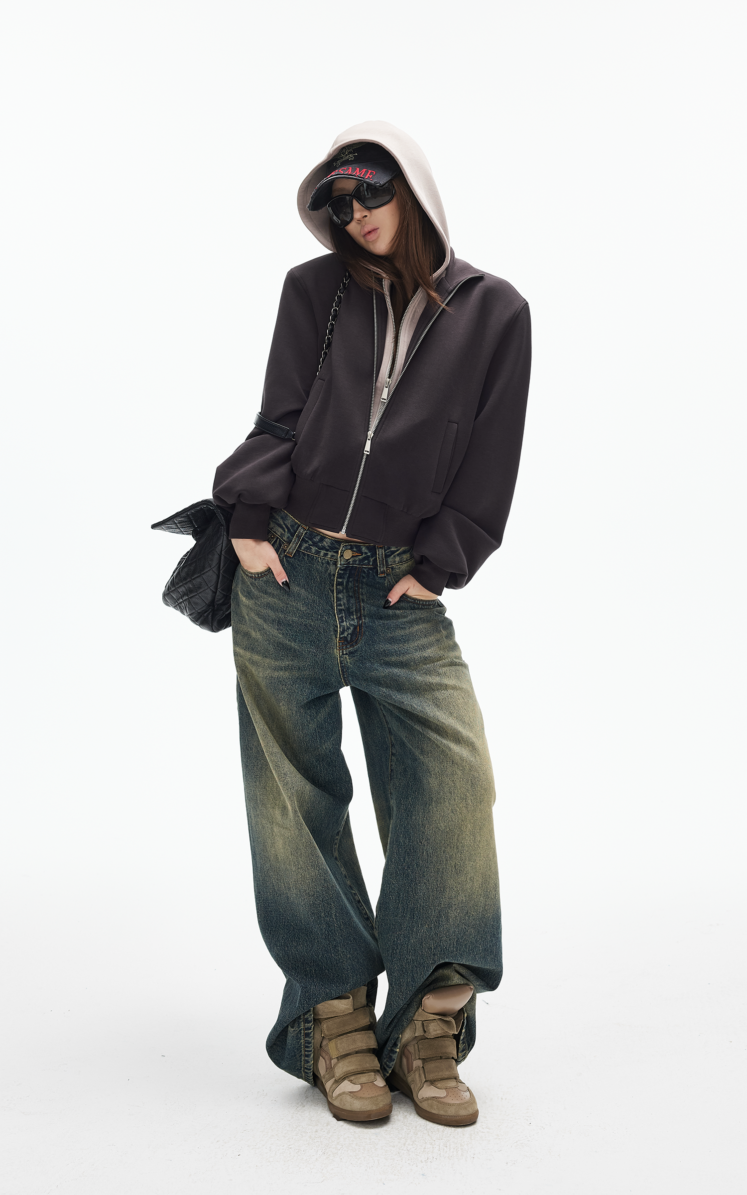 IAMXIAA ヴィンテージウォッシュ ワイドレッグデニムジーンズ