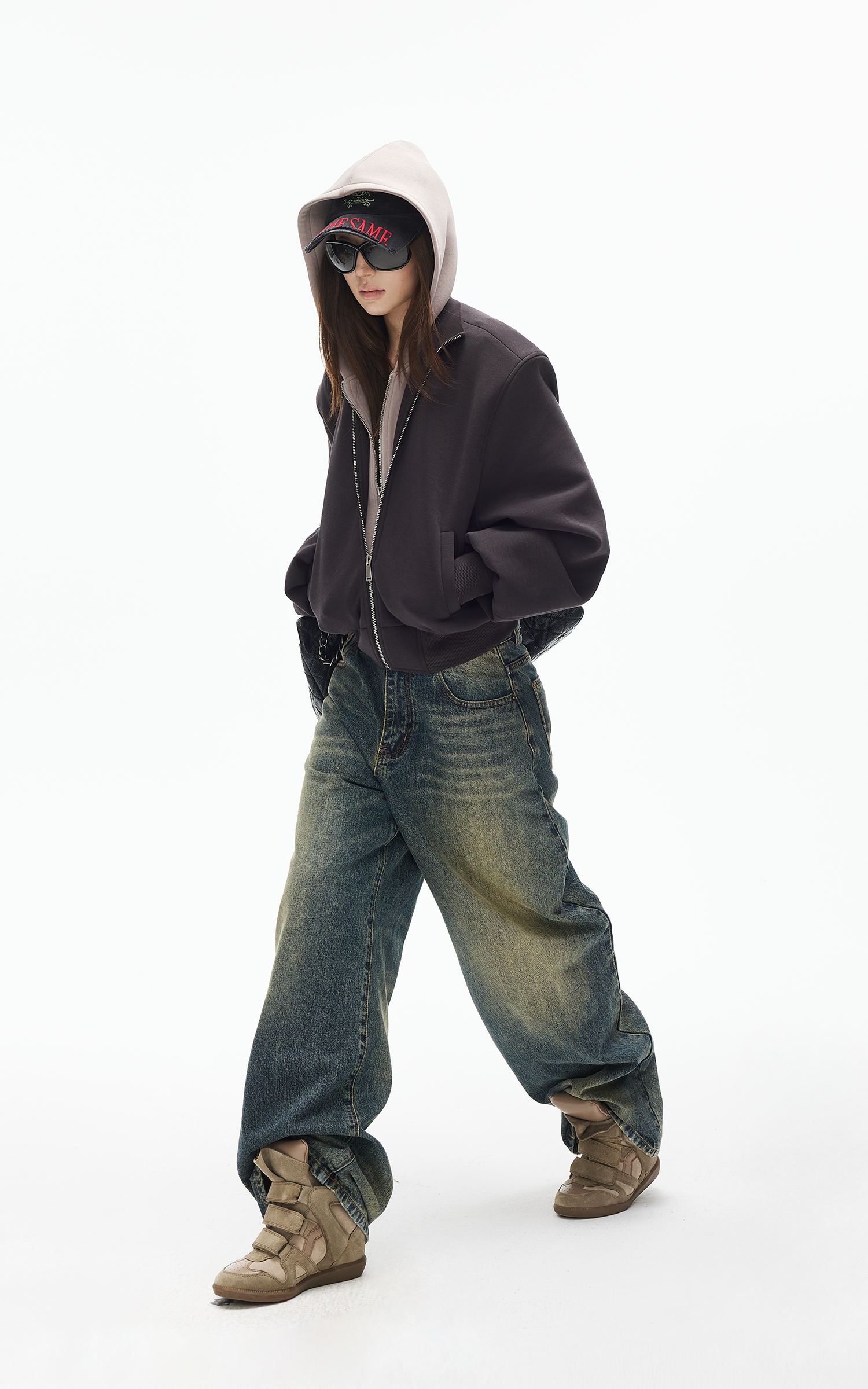 IAMXIAA ヴィンテージウォッシュ ワイドレッグデニムジーンズ