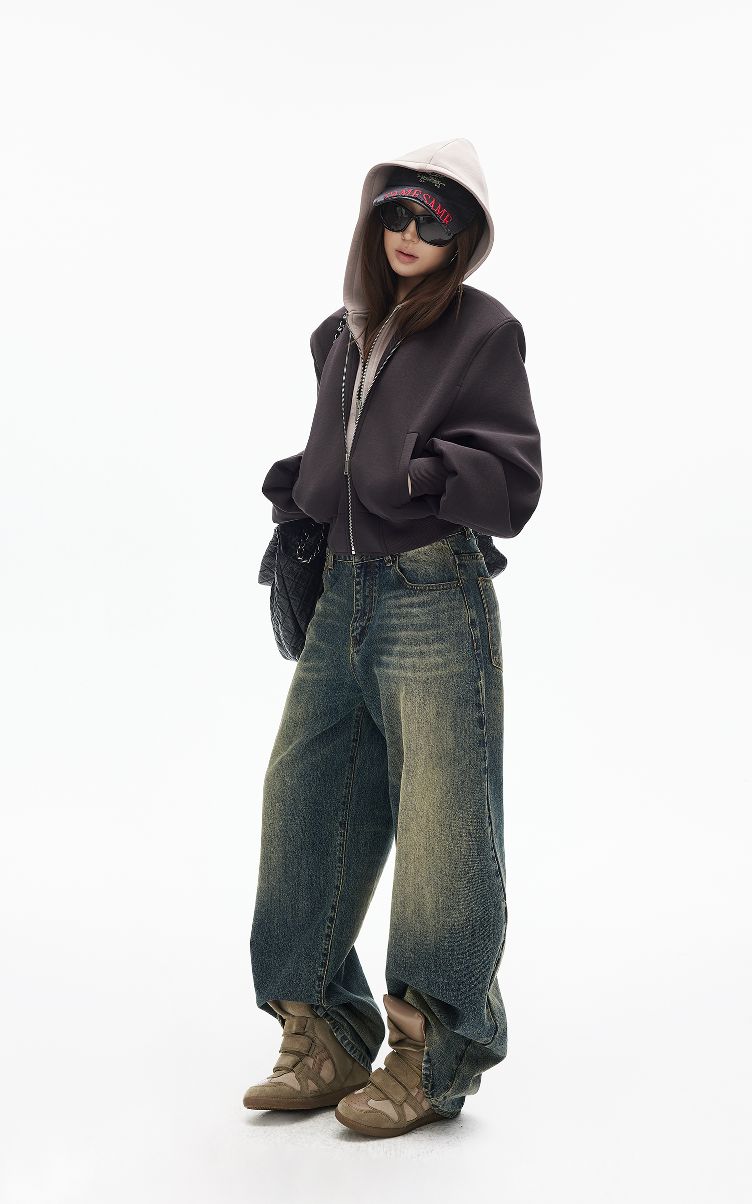 IAMXIAA ヴィンテージウォッシュ ワイドレッグデニムジーンズ