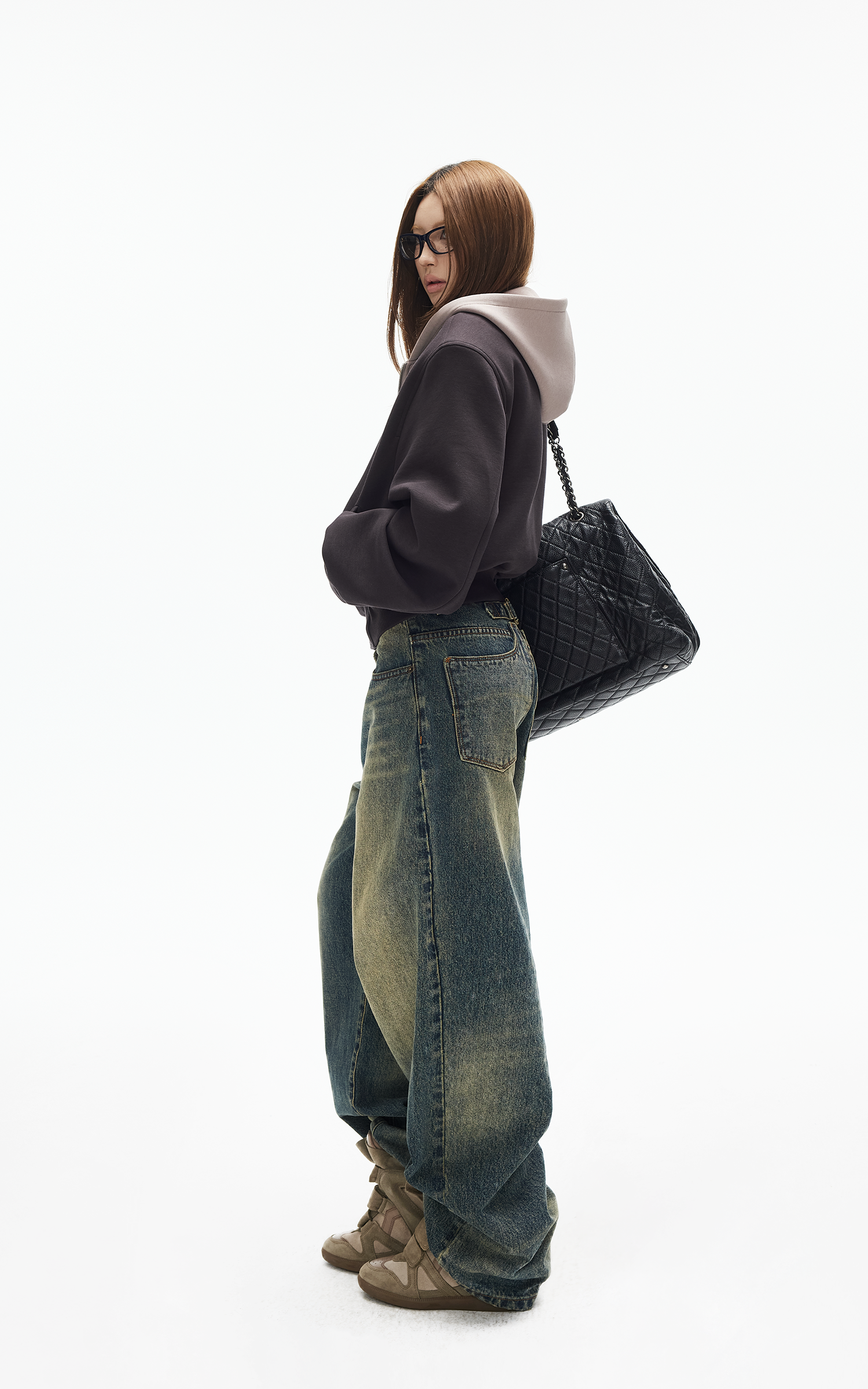 IAMXIAA ヴィンテージウォッシュ ワイドレッグデニムジーンズ