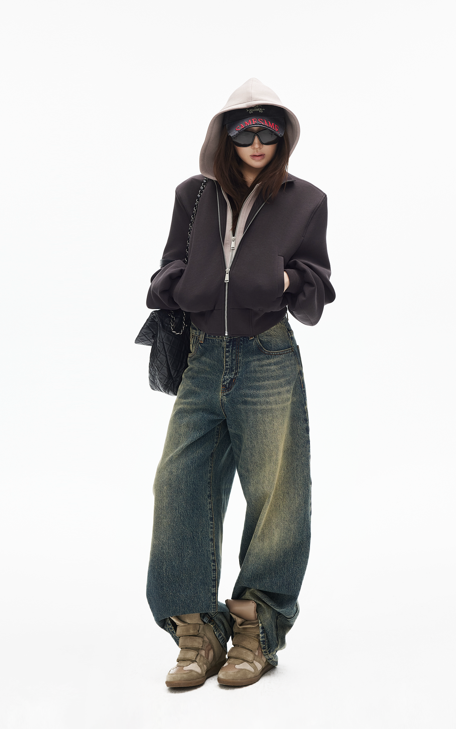 IAMXIAA ヴィンテージウォッシュ ワイドレッグデニムジーンズ