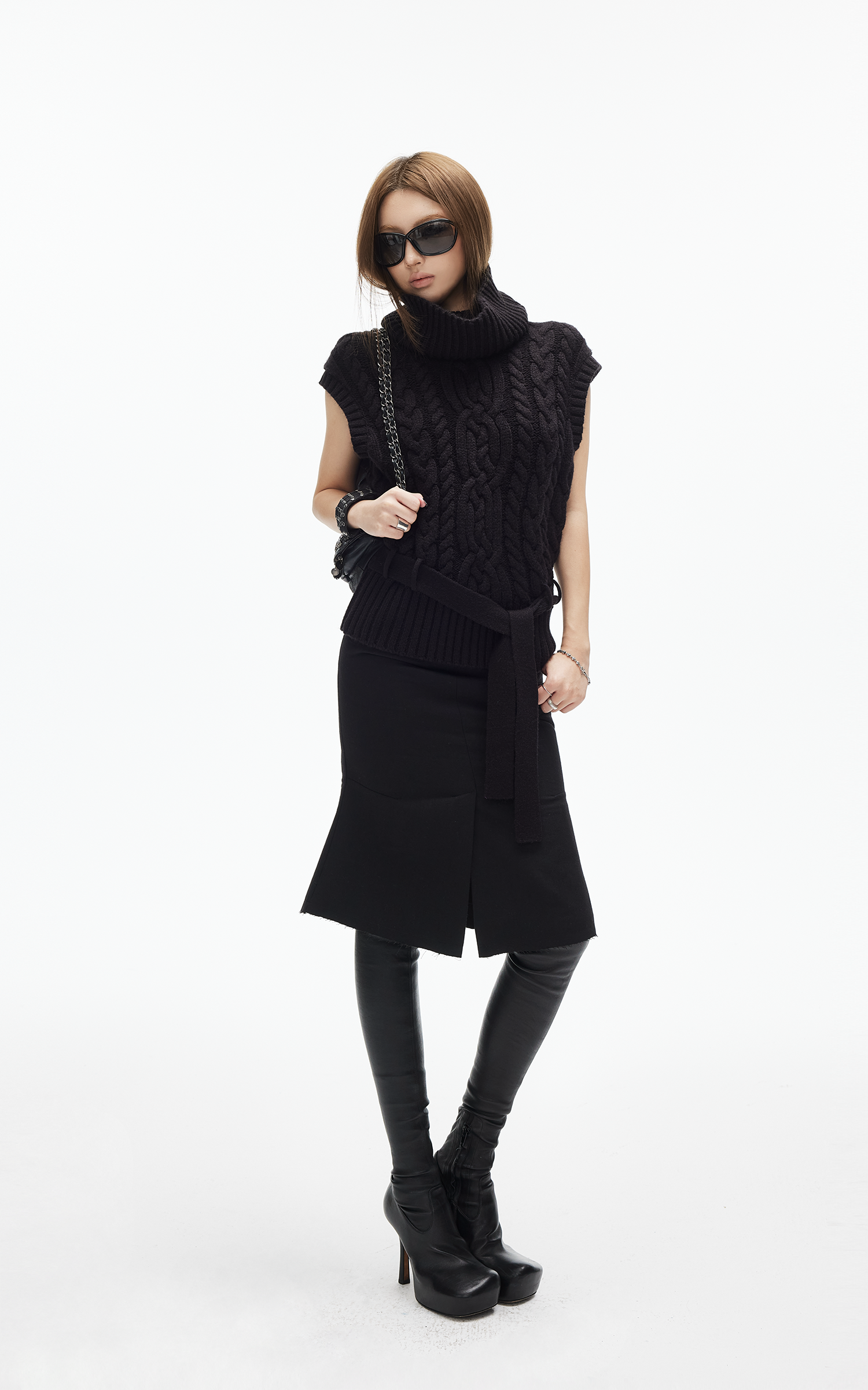 IAMXIAA ウール風ハイウエストマーメイドミディスカート・切りっぱなし裾