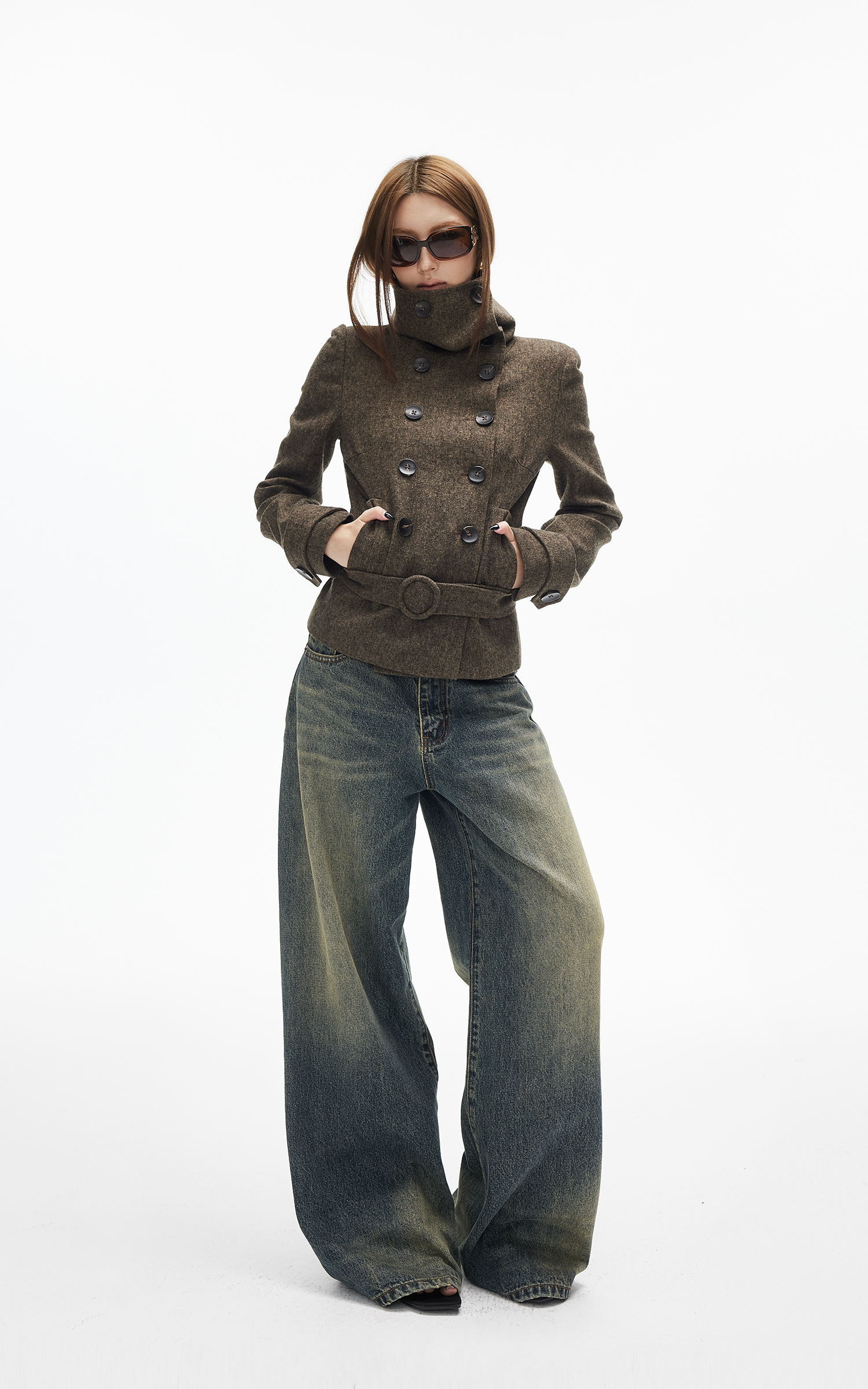 IAMXIAA Wool-Like High Neck Belted Double-Breasted Jacket