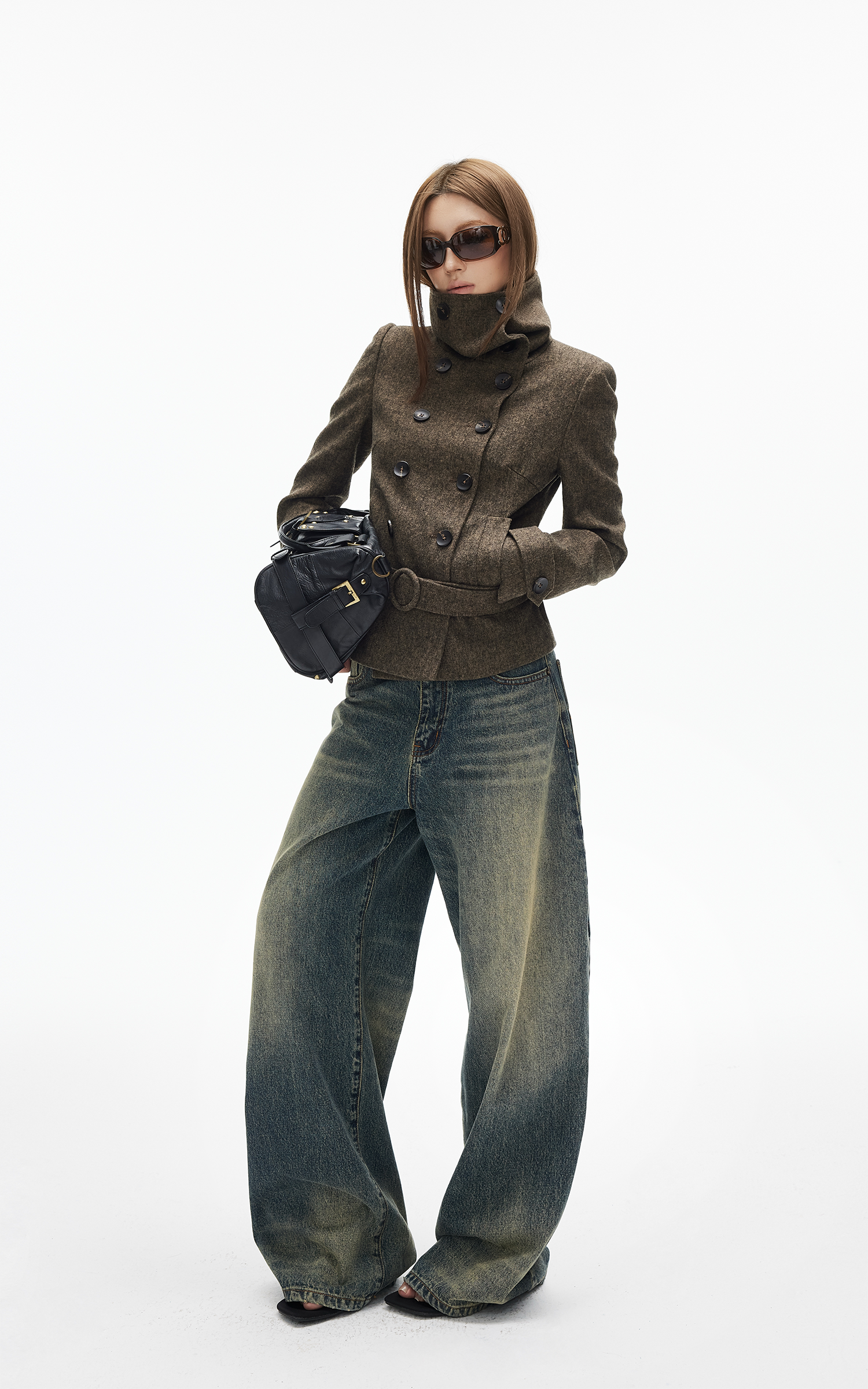 IAMXIAA Wool-Like High Neck Belted Double-Breasted Jacket