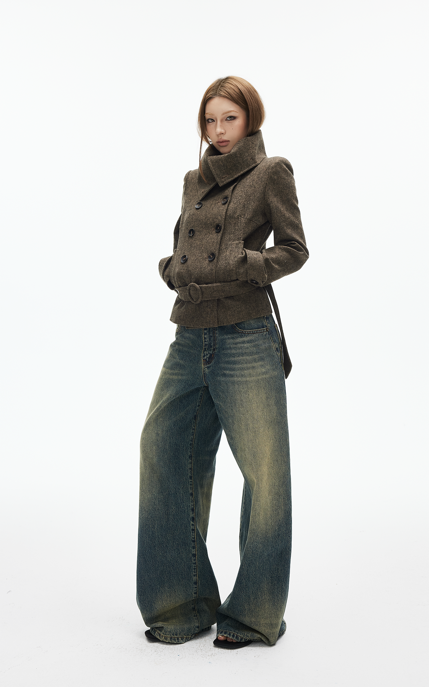 IAMXIAA Wool-Like High Neck Belted Double-Breasted Jacket