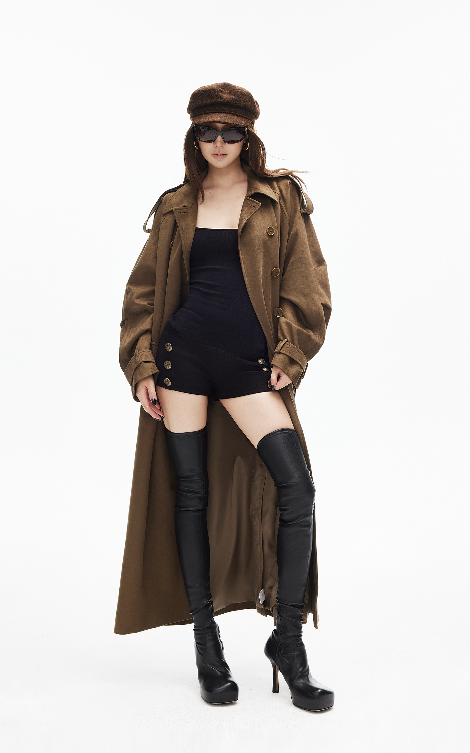 IAMXIAA フェイクスエード ロングトレンチコート ダブルブレストデザイン