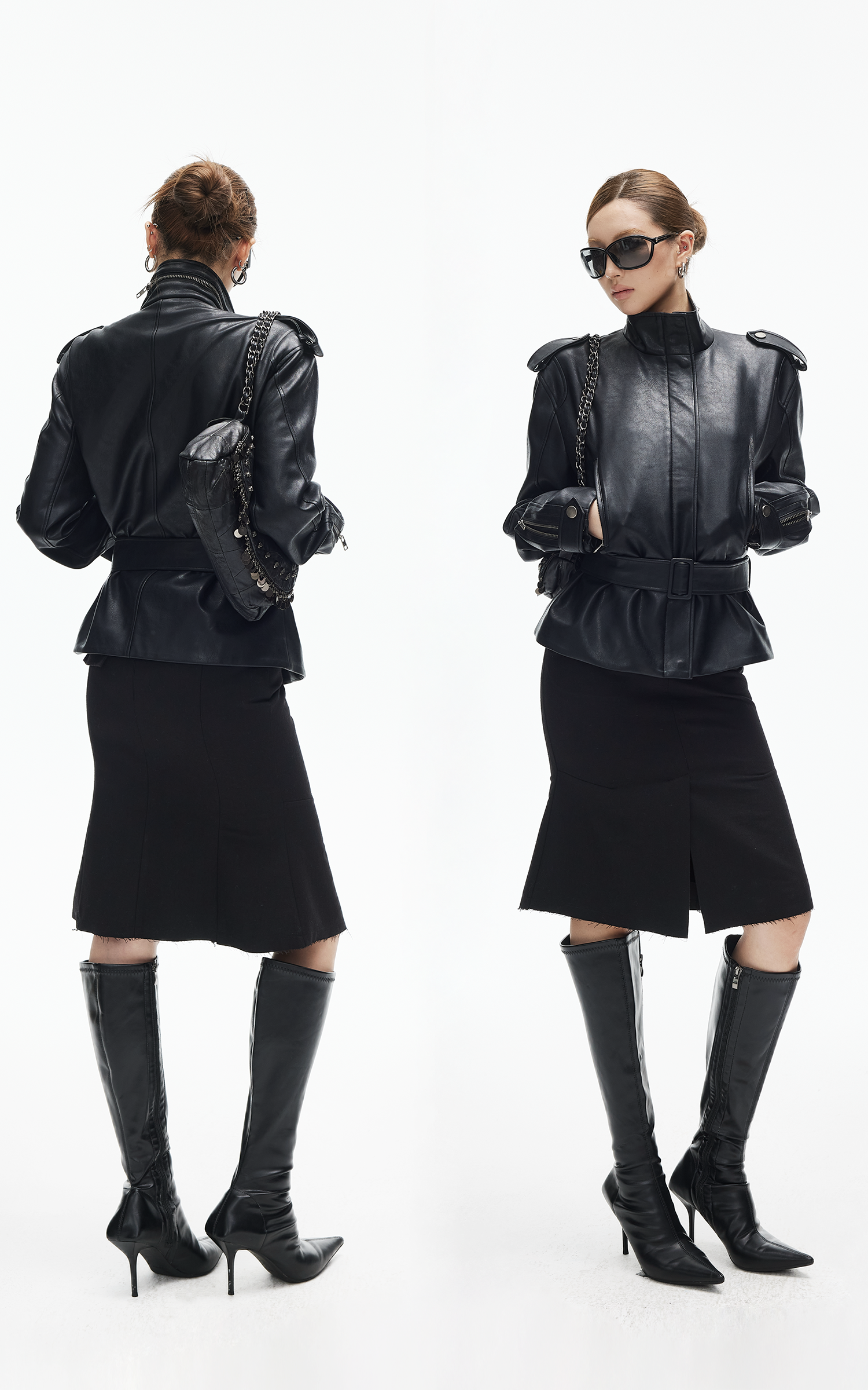 IAMXIAA ベルト付きハイネックフェイクレザージャケット