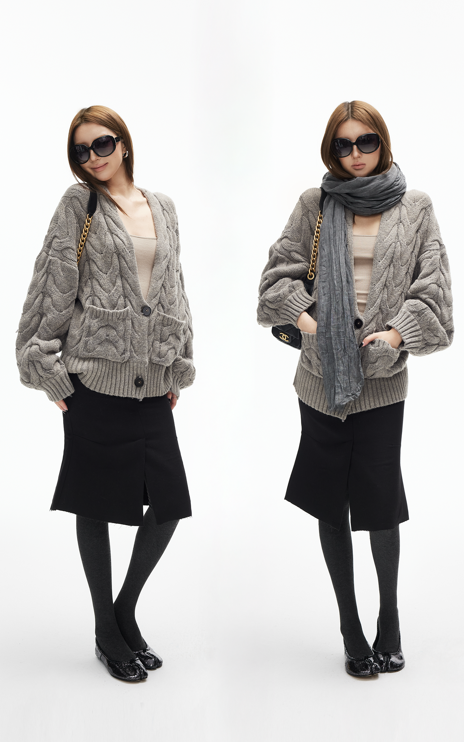 IAMXIAA ケーブルニットボタンカーディガン リラックスフィット