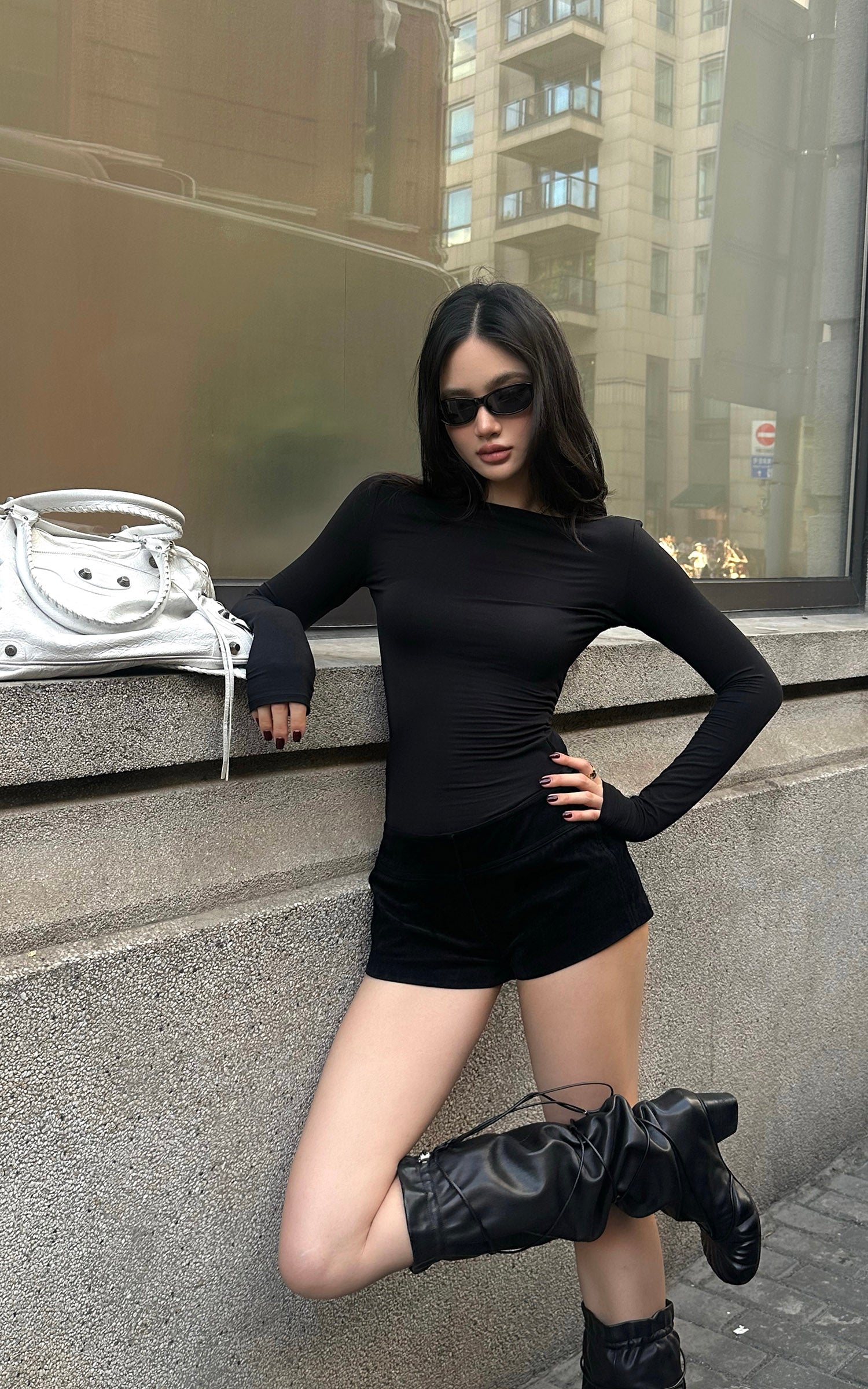 ROVENTE Backless Mesh Panel Long Sleeve Top