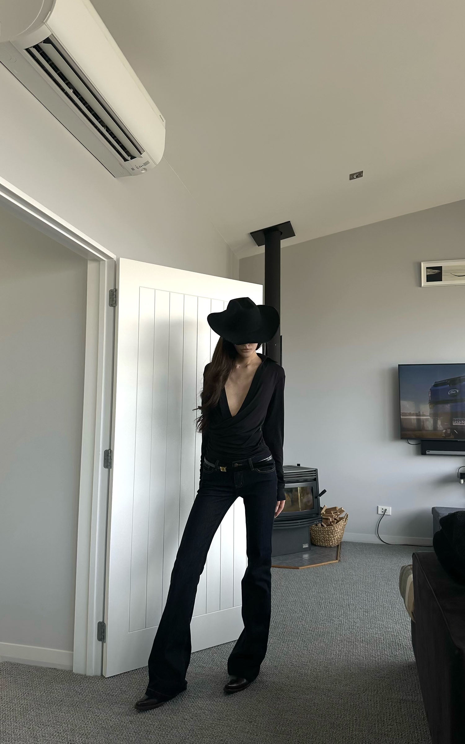 0122stepll ローライズストレートフレアジーンズ