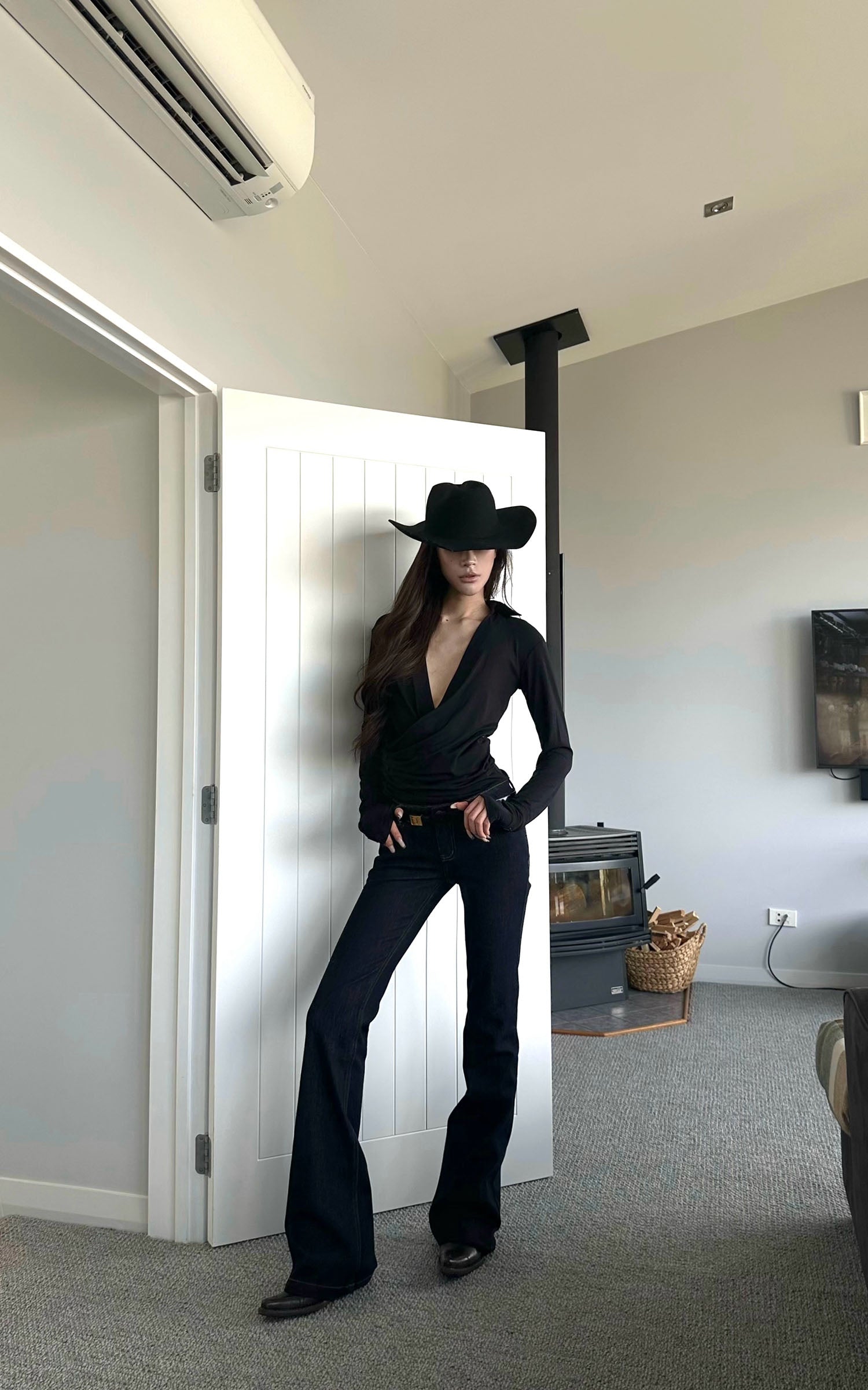 0122stepll ローライズストレートフレアジーンズ