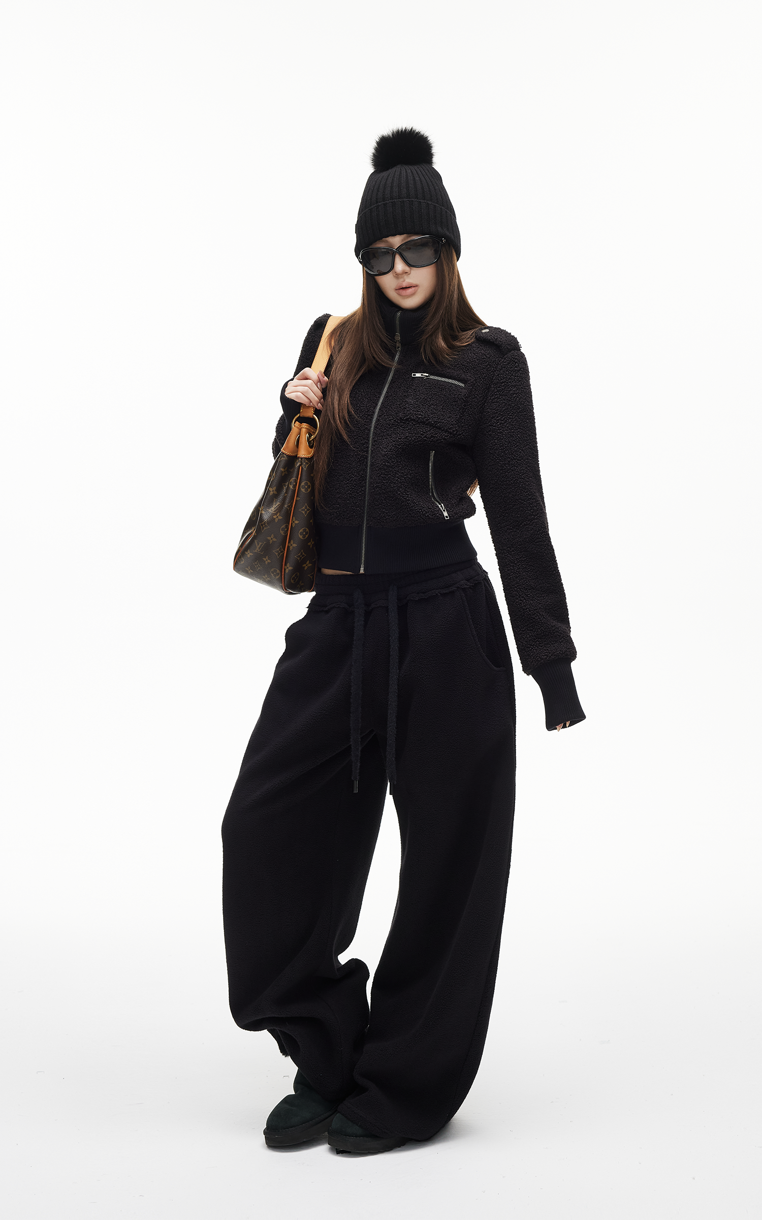 IAMXIAA ドローストリングウエスト付きフリースワイドレッグスウェットパンツ