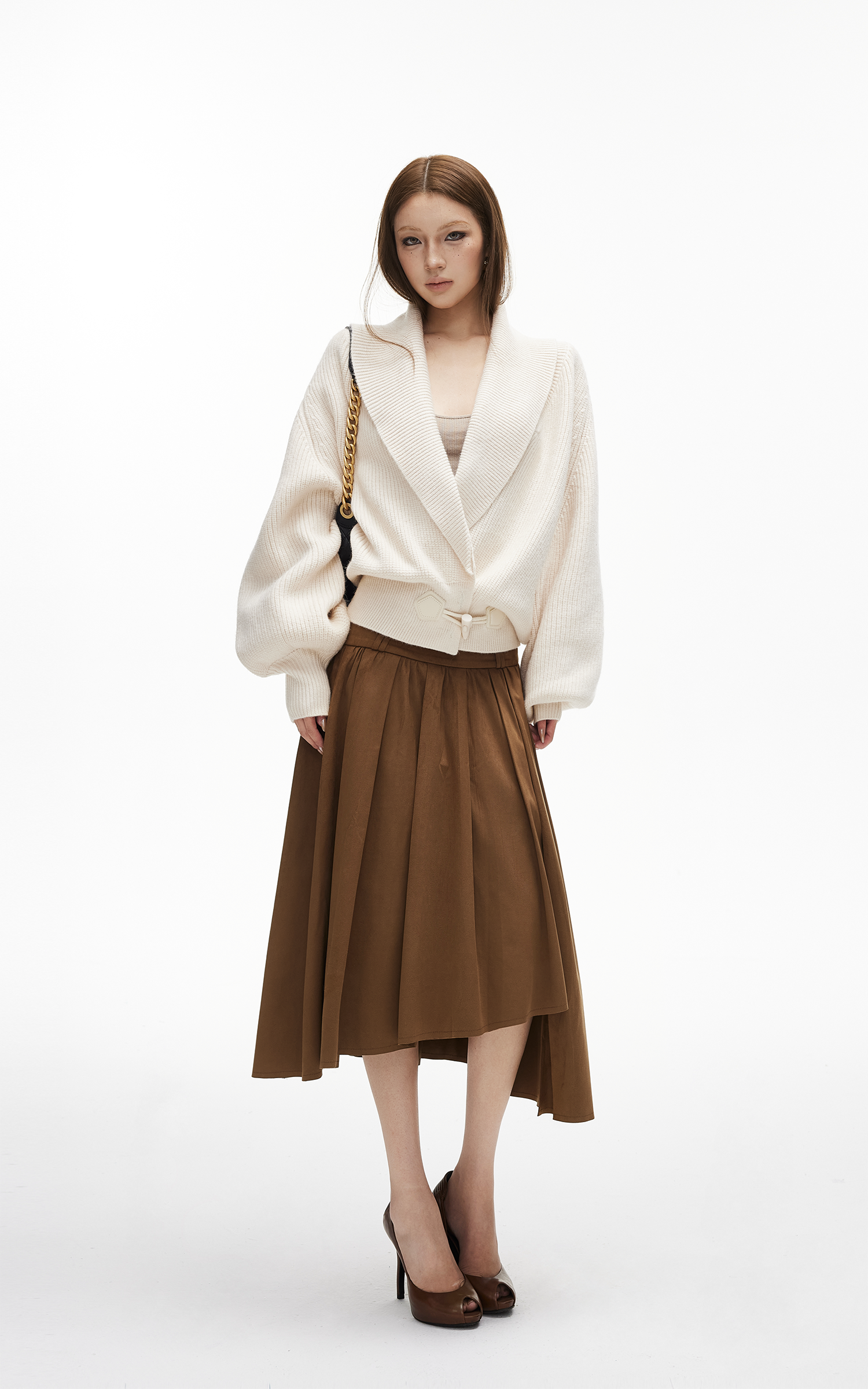 IAMXIAA アシンメトリックプリーツミディスカート ハイウエストディテール付き