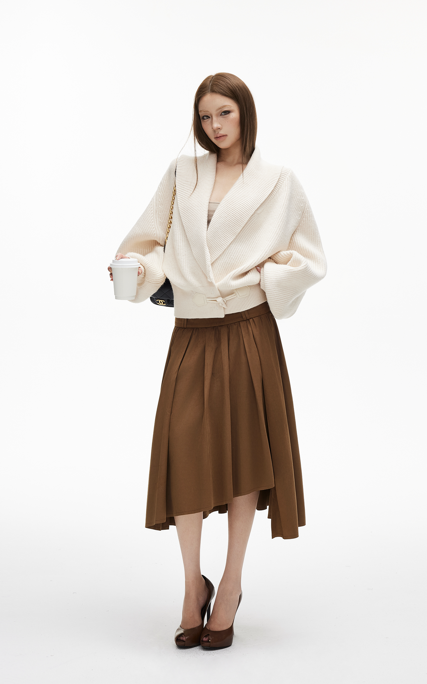 IAMXIAA アシンメトリックプリーツミディスカート ハイウエストディテール付き