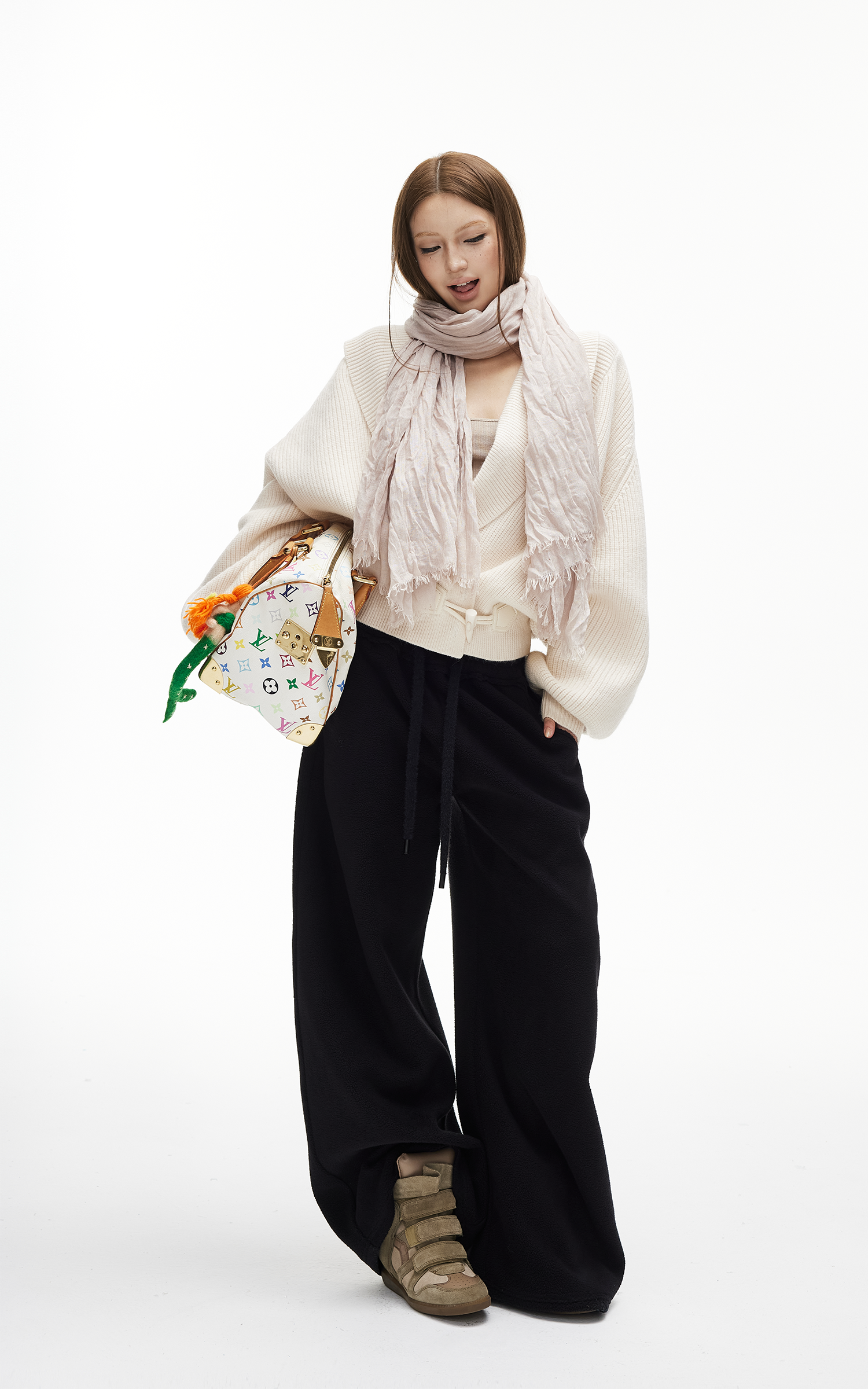 IAMXIAA リブ編みニットラップカーディガン レディース 冬用ショールカラーセーター