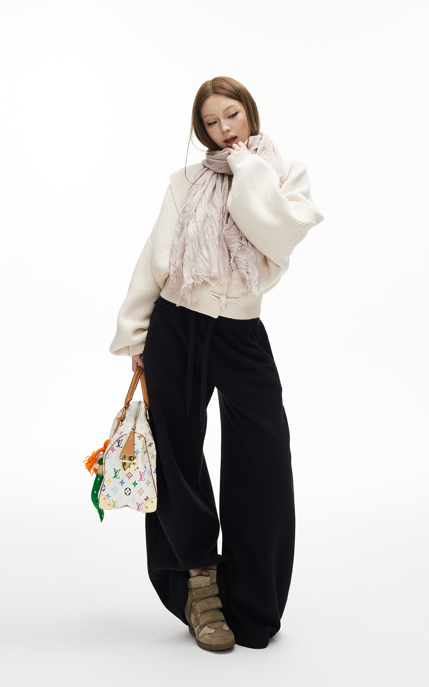 IAMXIAA ドローストリングウエスト付きフリースワイドレッグスウェットパンツ