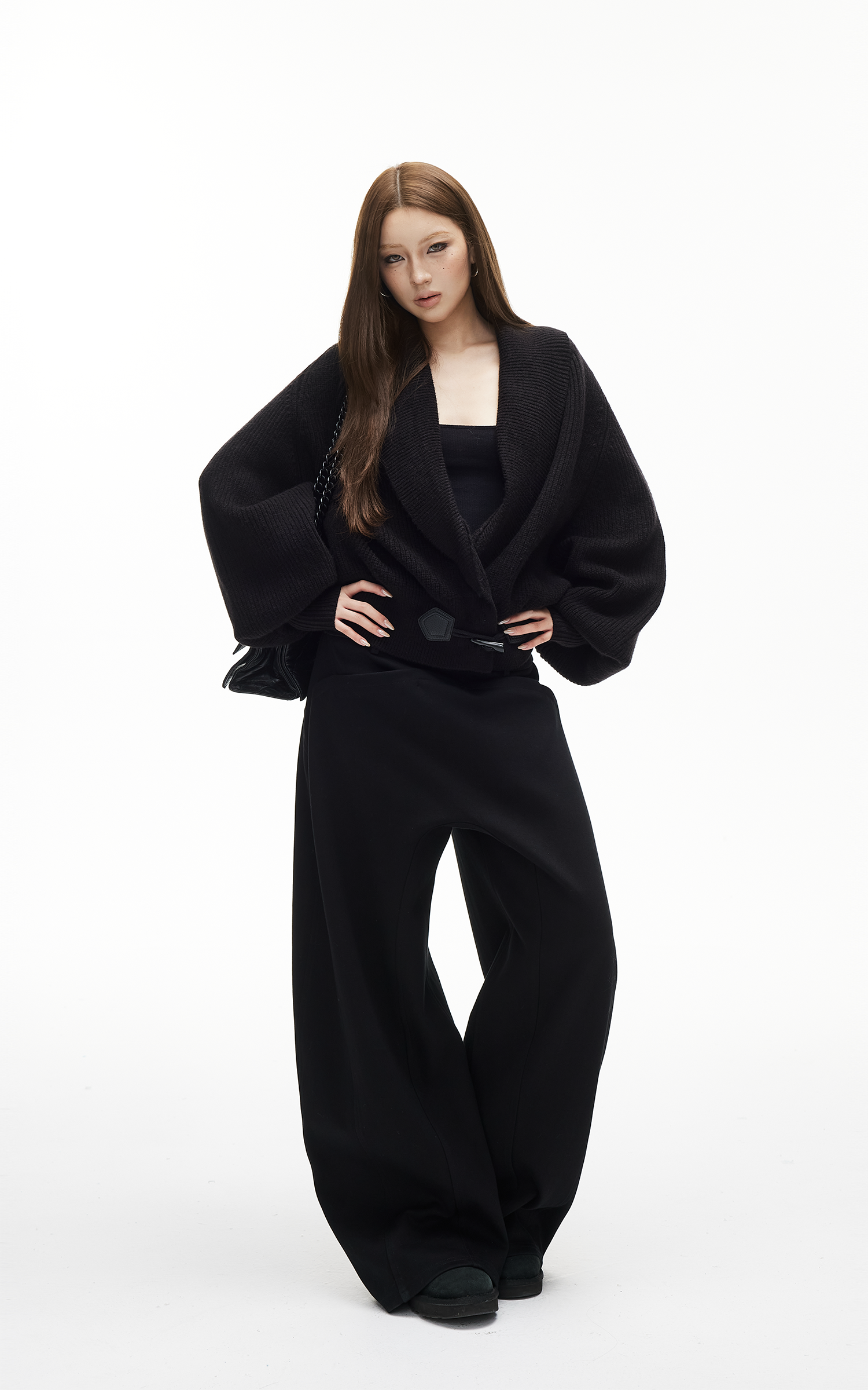 IAMXIAA リブ編みニットラップカーディガン レディース 冬用ショールカラーセーター