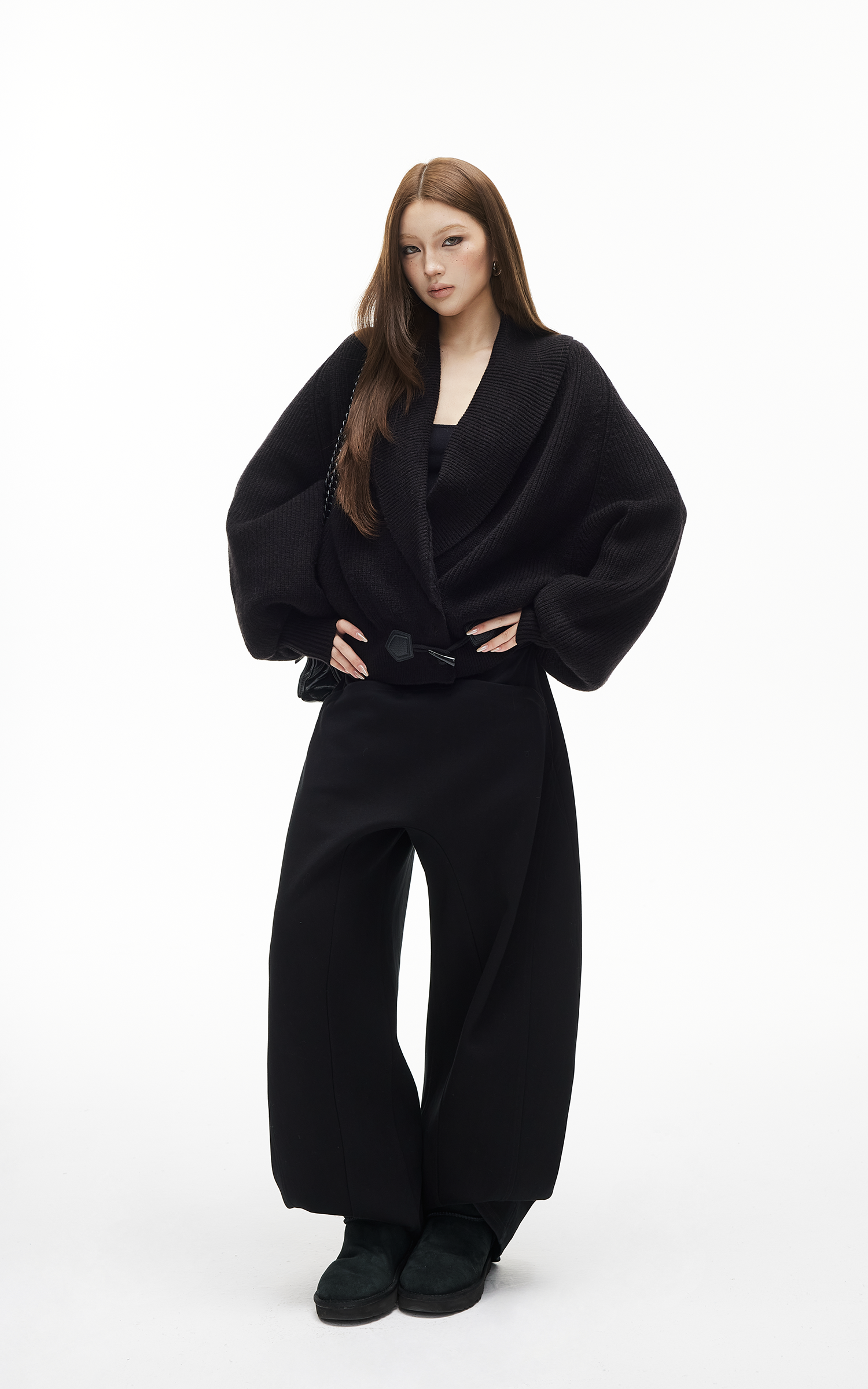 IAMXIAA リブ編みニットラップカーディガン レディース 冬用ショールカラーセーター