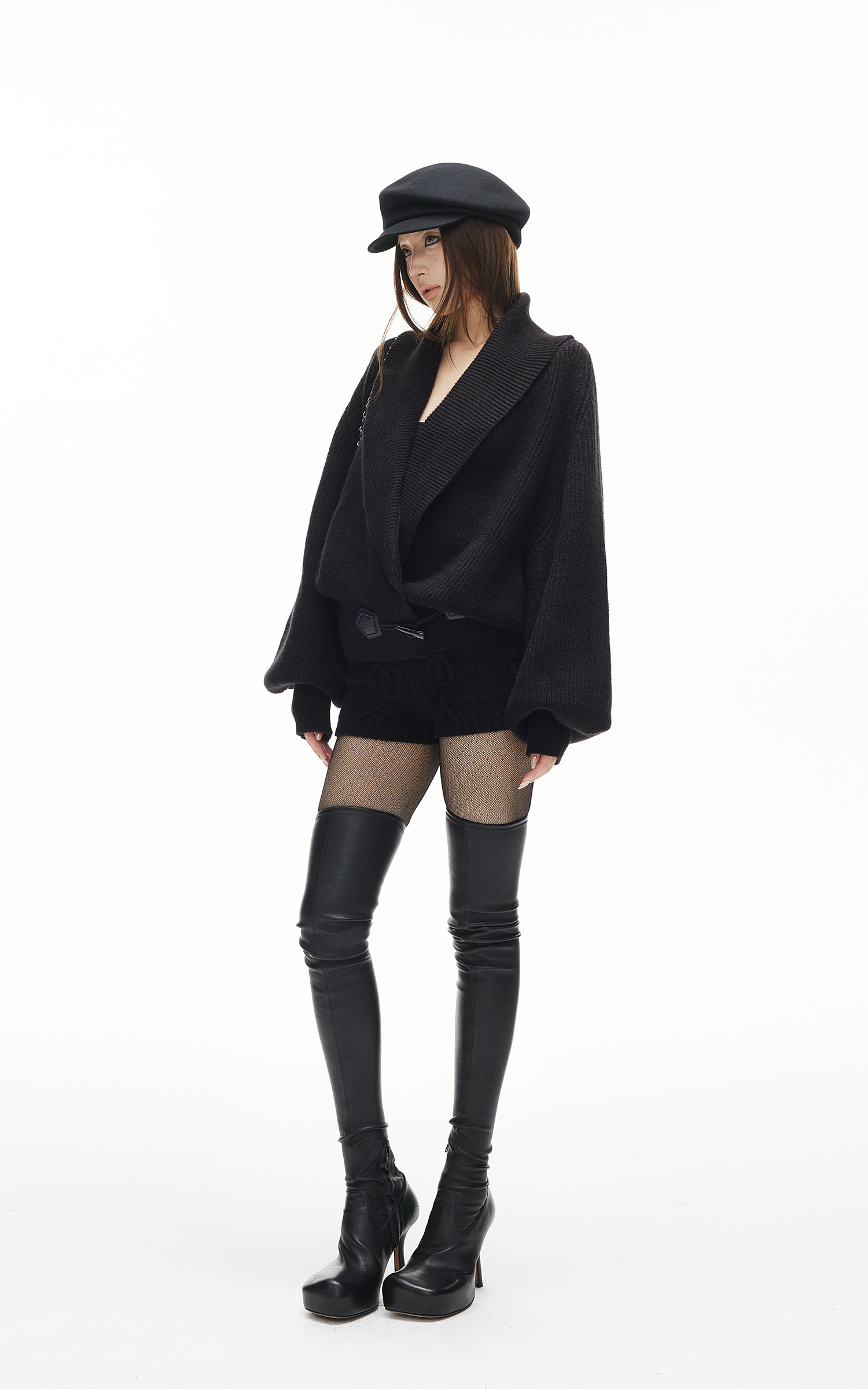 IAMXIAA リブ編みニットラップカーディガン レディース 冬用ショールカラーセーター