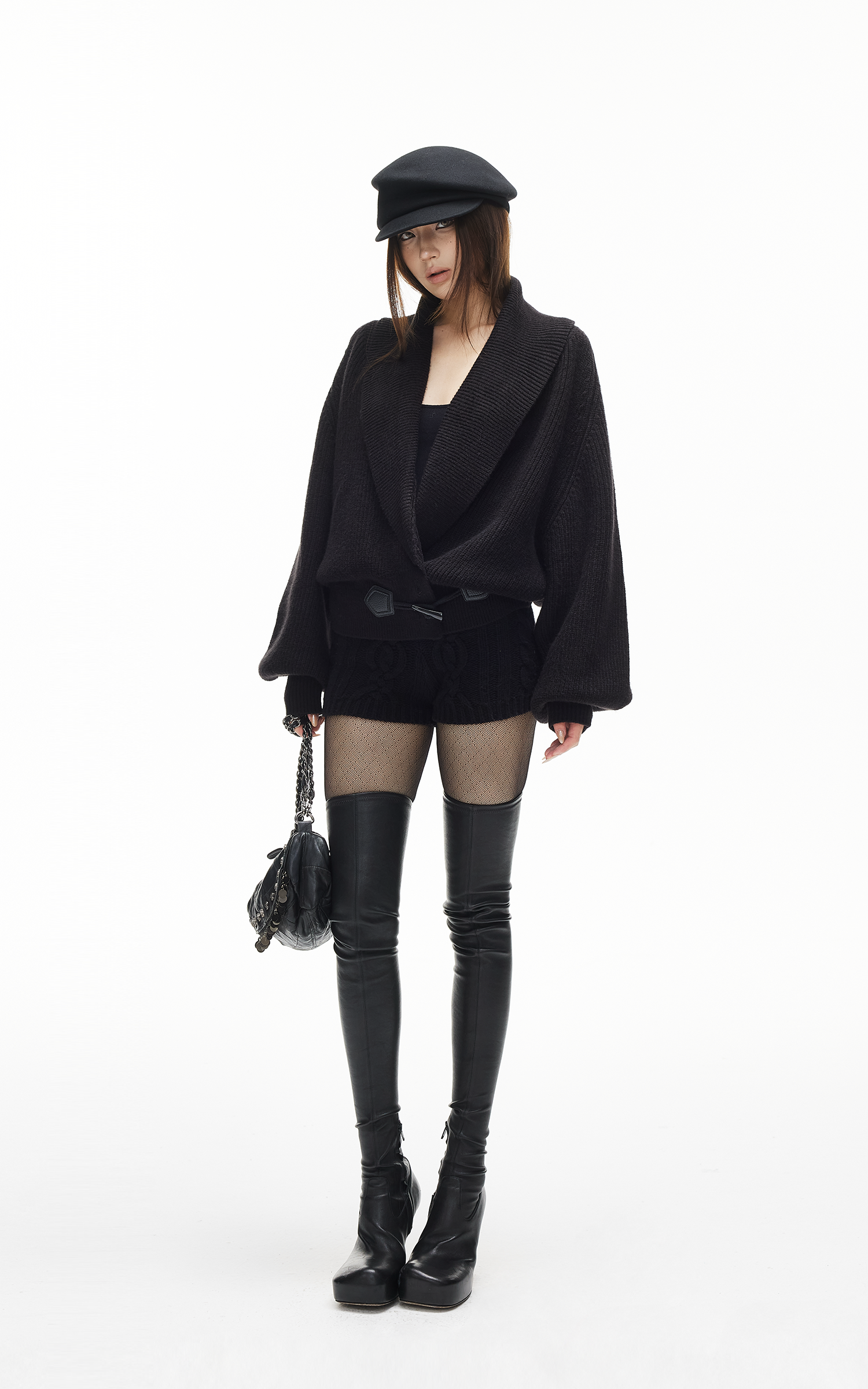 IAMXIAA リブ編みニットラップカーディガン レディース 冬用ショールカラーセーター