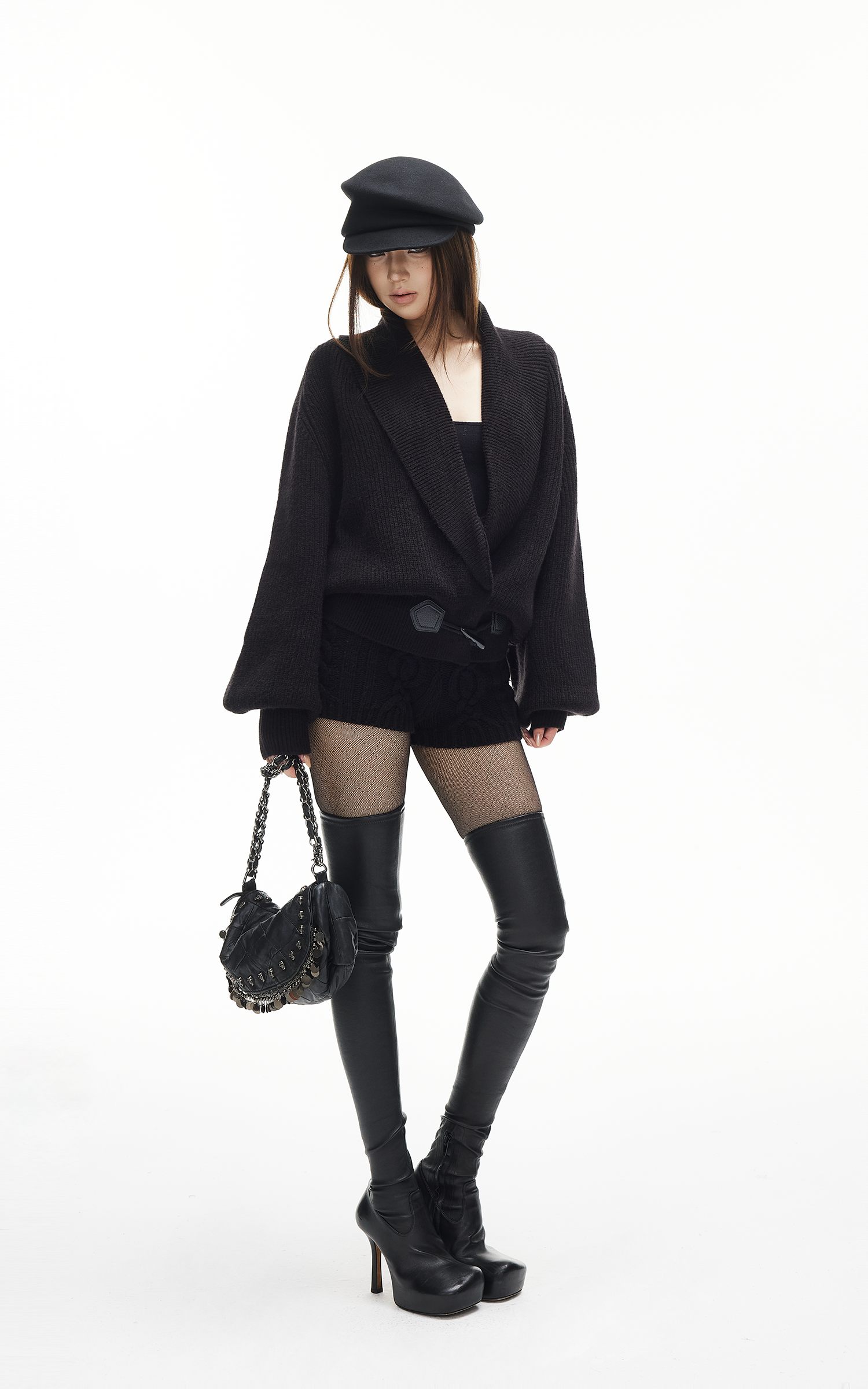 IAMXIAA リブ編みニットラップカーディガン レディース 冬用ショールカラーセーター