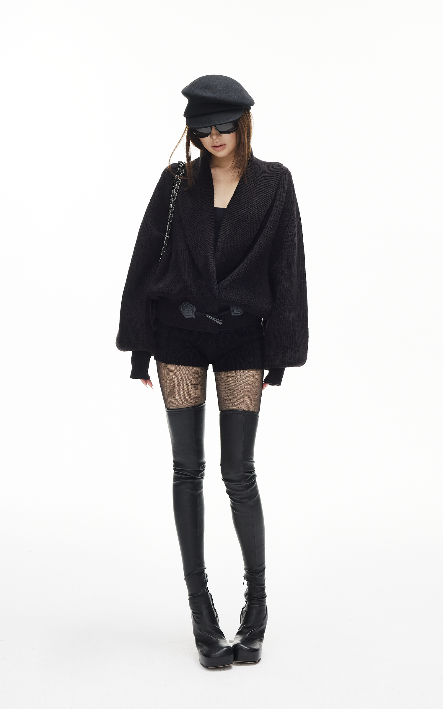 IAMXIAA リブ編みニットラップカーディガン レディース 冬用ショールカラーセーター