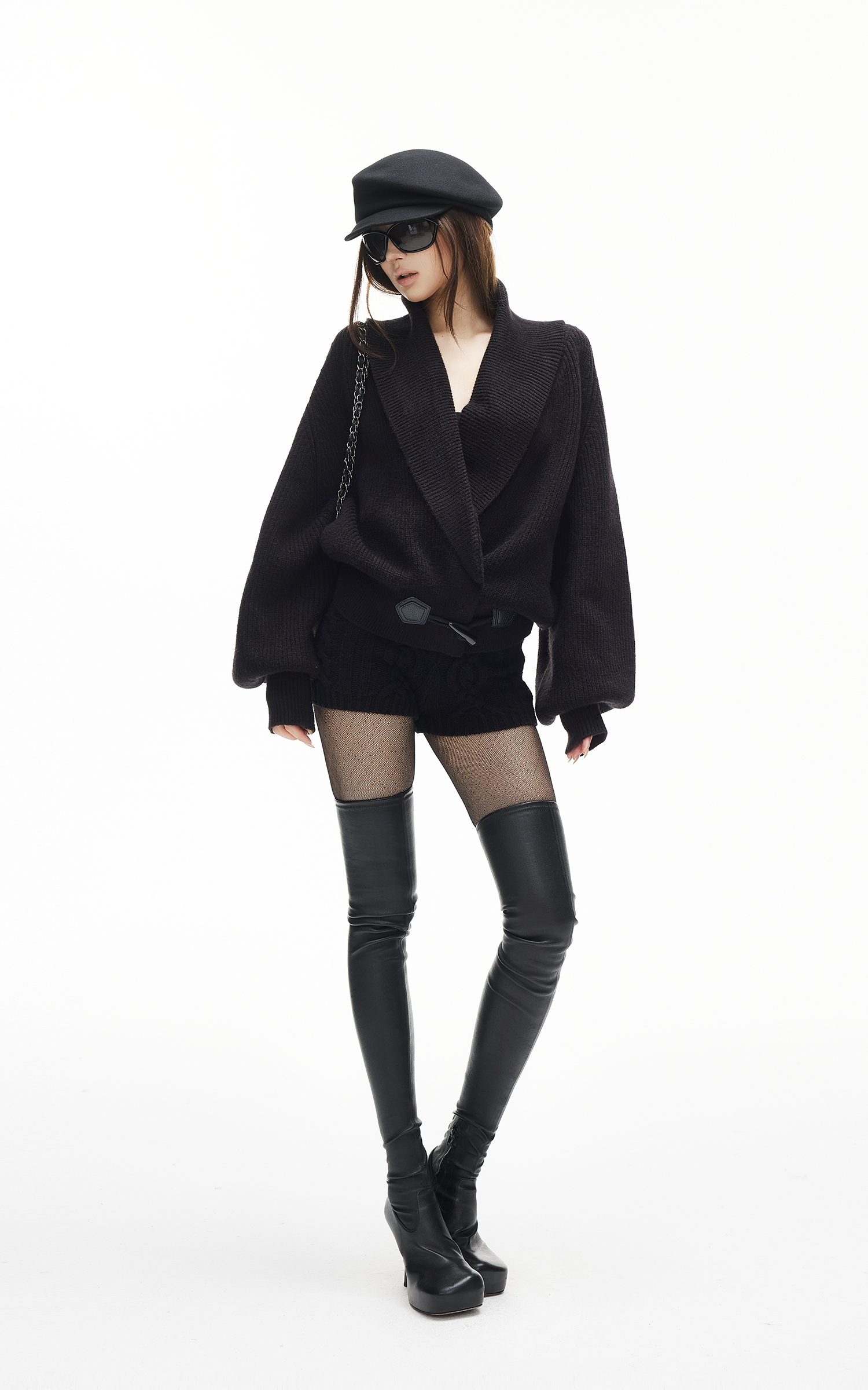 IAMXIAA リブ編みニットラップカーディガン レディース 冬用ショールカラーセーター