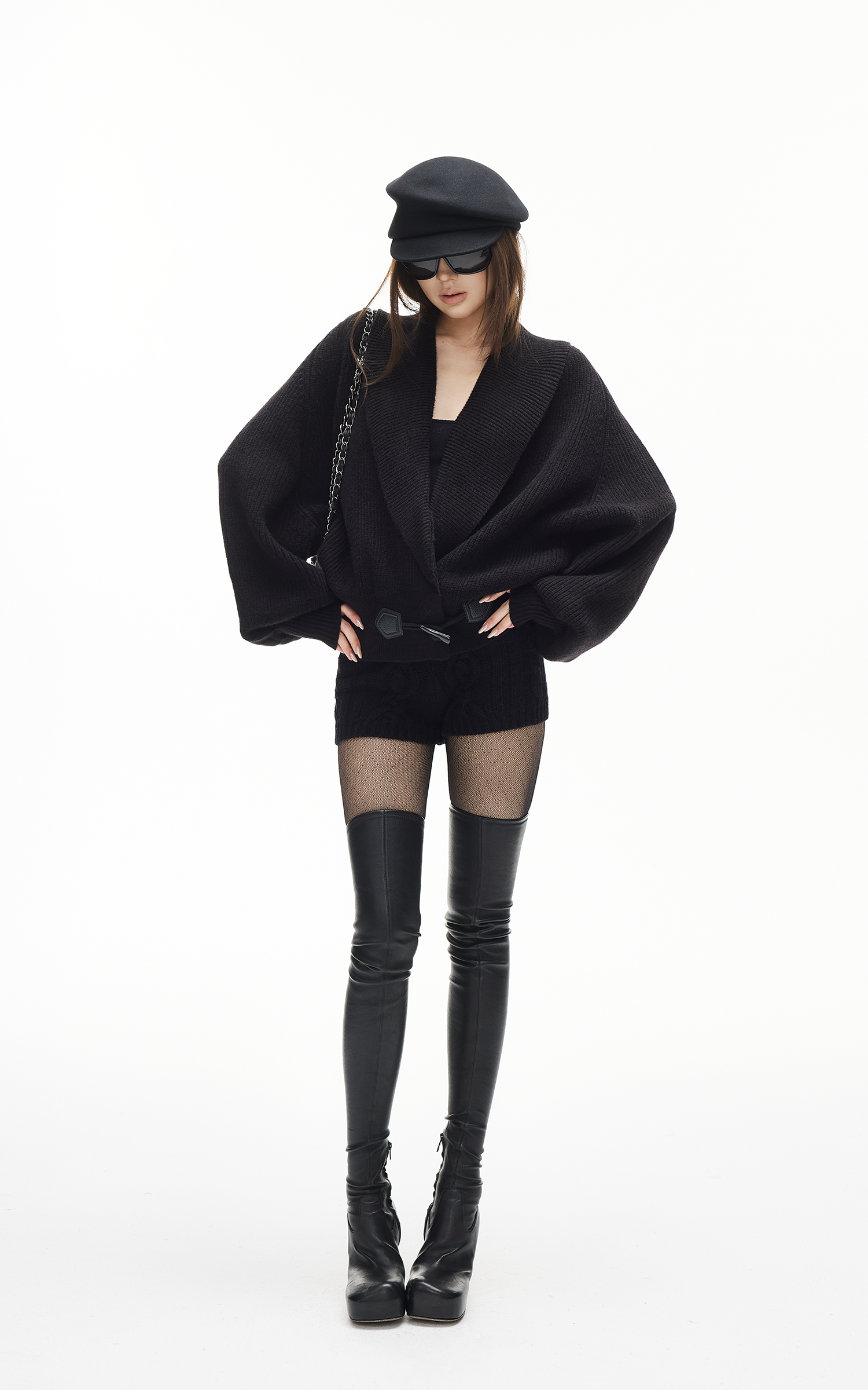 IAMXIAA リブ編みニットラップカーディガン レディース 冬用ショールカラーセーター