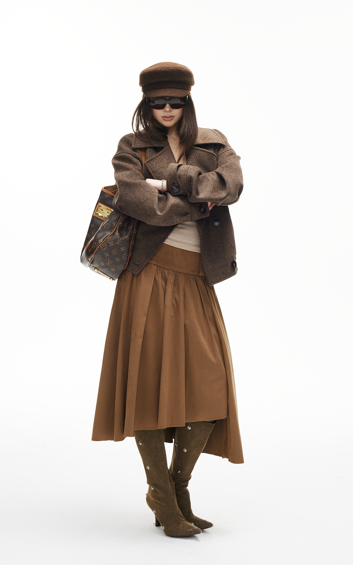 IAMXIAA アシンメトリックプリーツミディスカート ハイウエストディテール付き