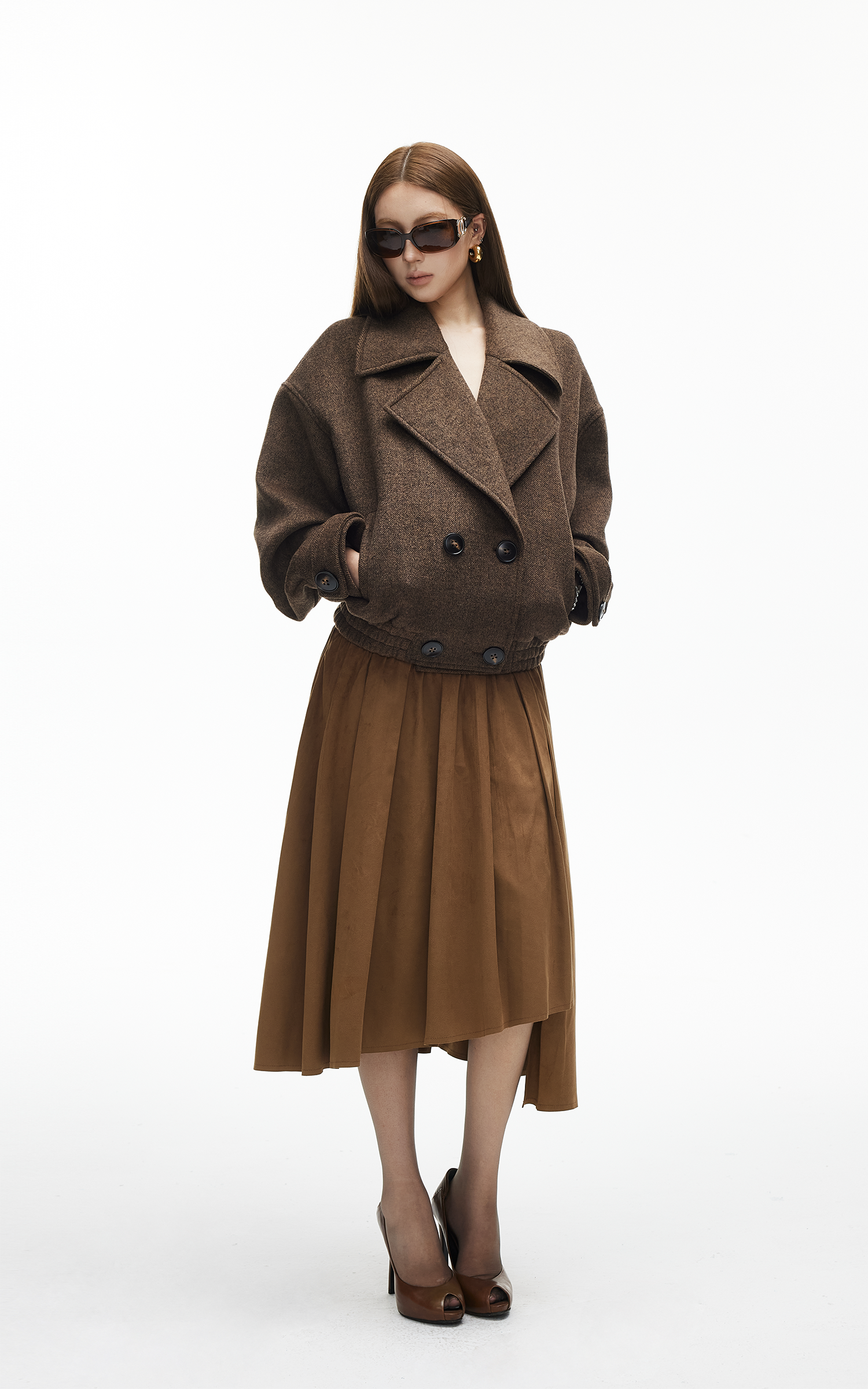 IAMXIAA アシンメトリックプリーツミディスカート ハイウエストディテール付き