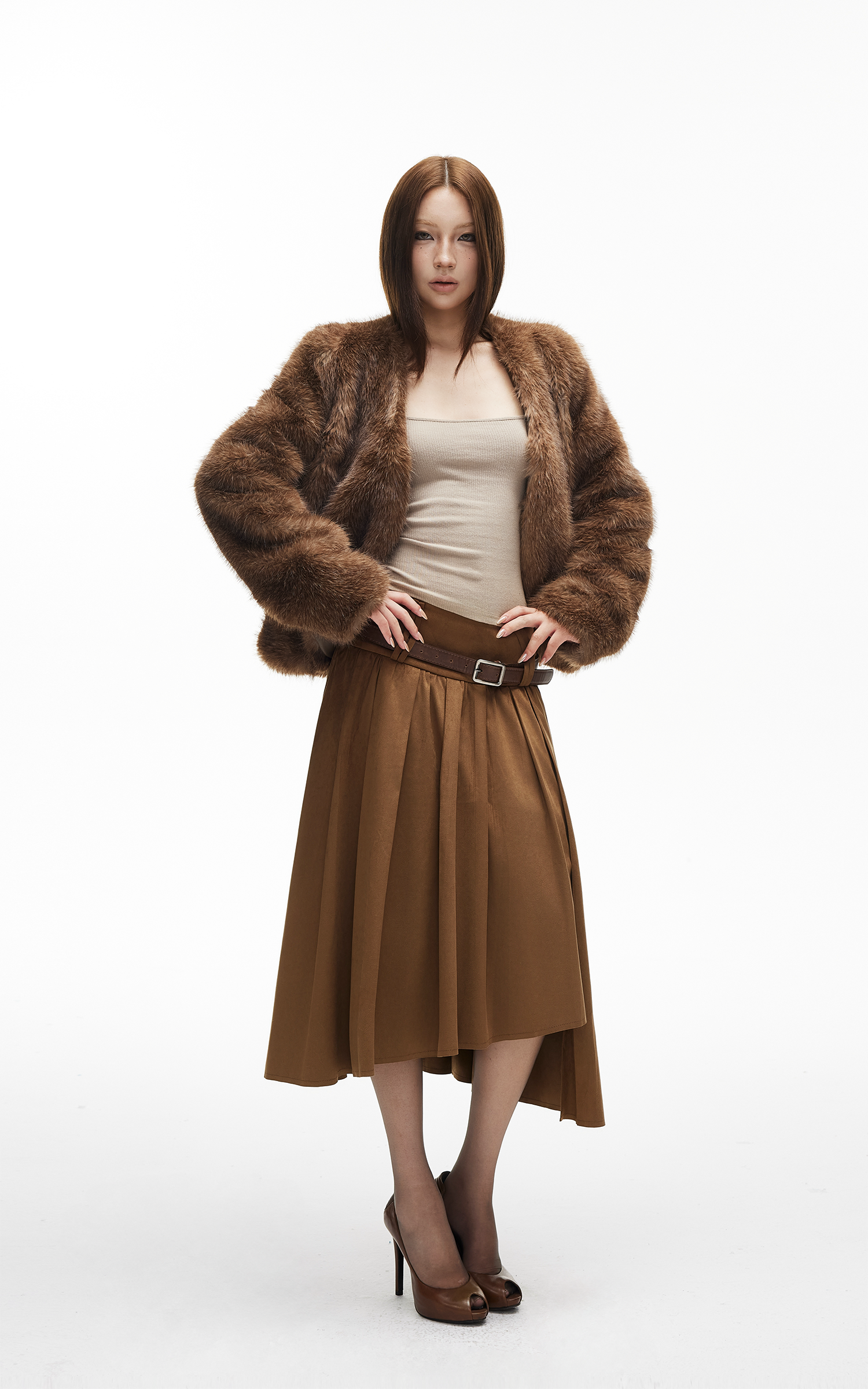 IAMXIAA アシンメトリックプリーツミディスカート ハイウエストディテール付き