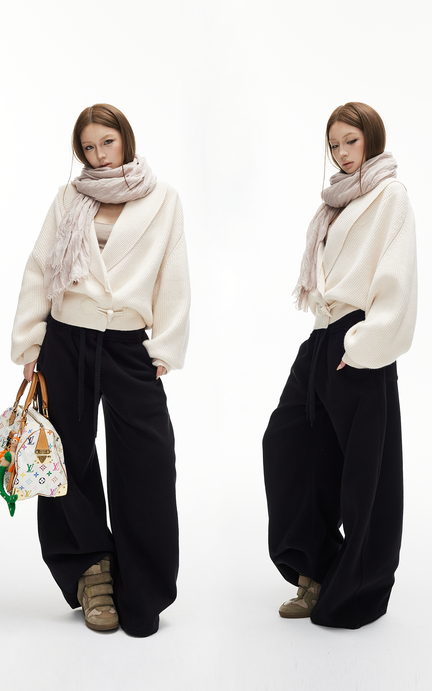 IAMXIAA リブ編みニットラップカーディガン レディース 冬用ショールカラーセーター