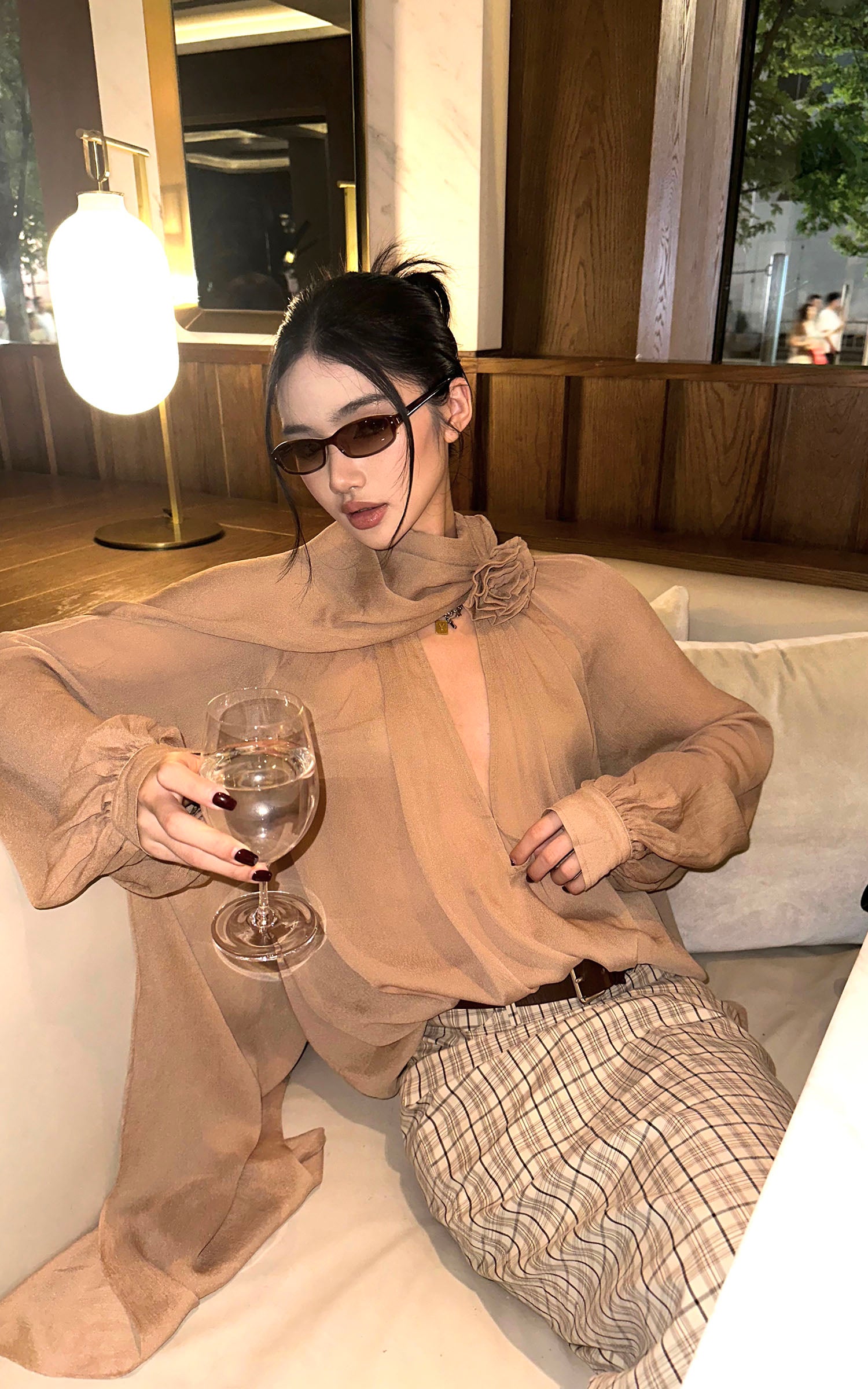 ROVENTE Draped Scarf Blouse with Flower Detail